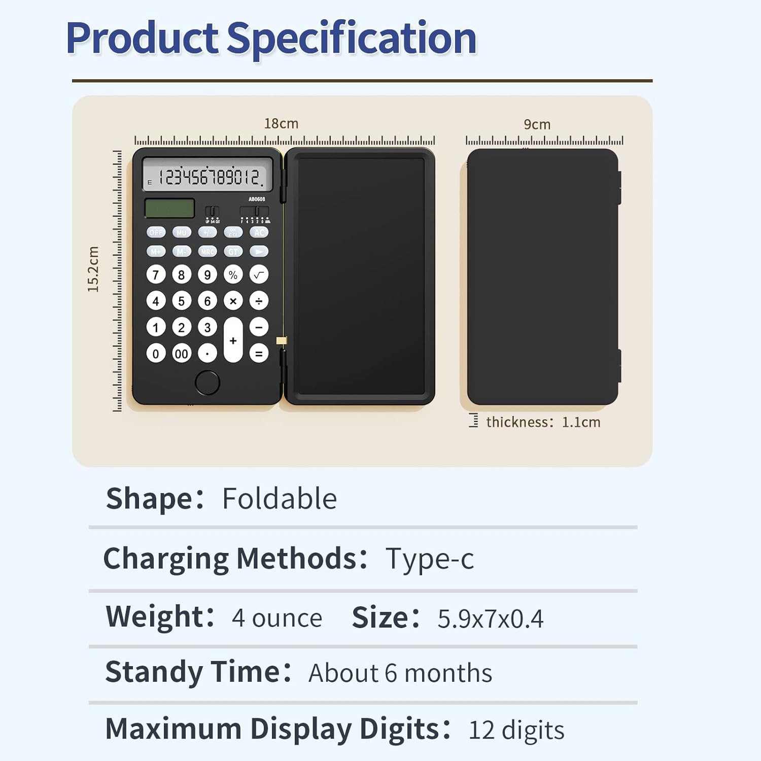 NEWYES Portable Calculator with Notepad, ROATEE Basic Calculator with Writing Tablet,12 Digits Large Display Rechargeable Solar Power Desk Calculator for Office, School AB0608 - Black image number 4