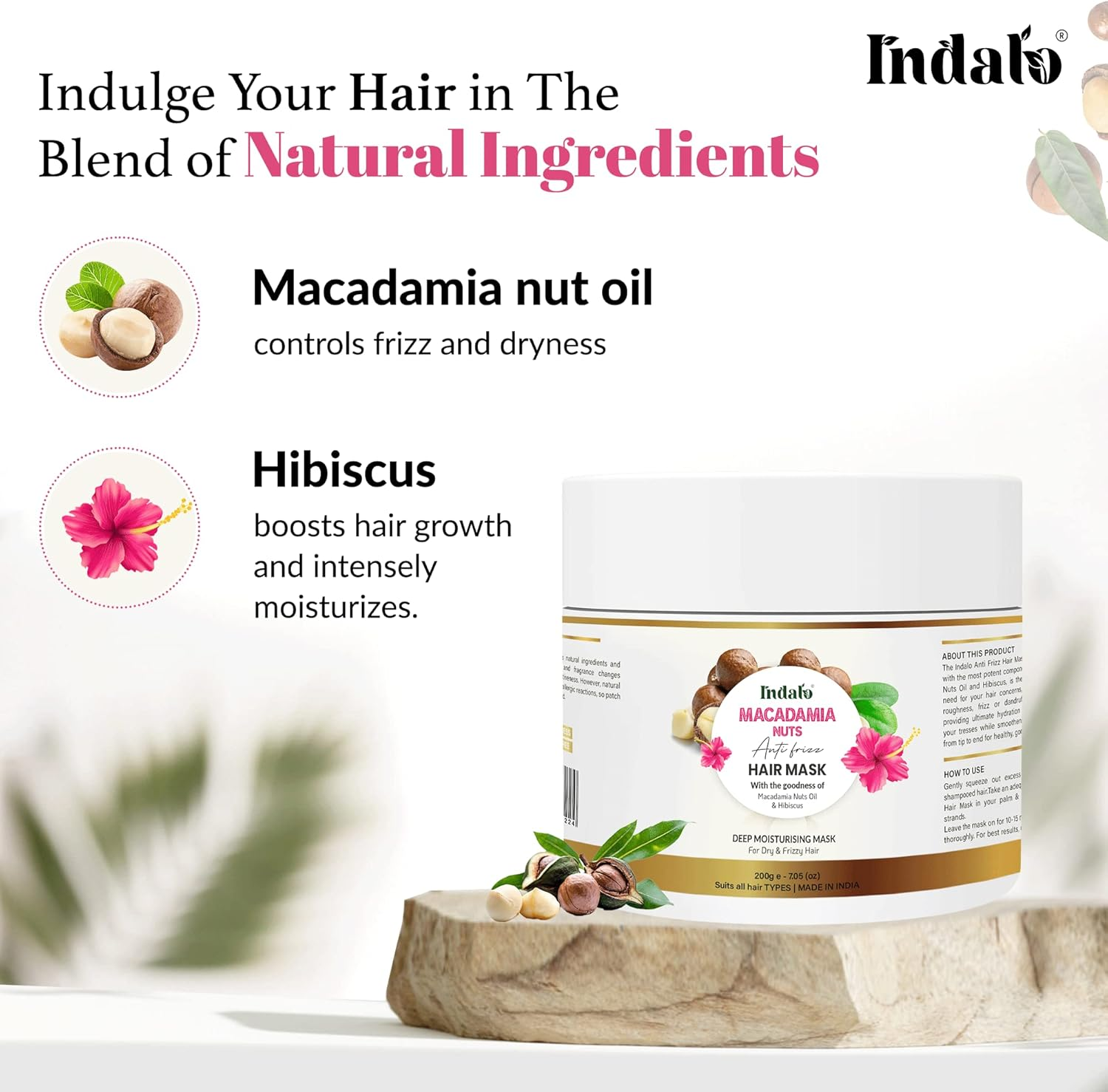 Indalo Macadamia Nuts anti Frizz Hair Mask with Hibiscus, Deep Moisturising for Dry & Rough Hair Mask | Soft, Smooth & Shiny Hair for Men & Women - 200Gm