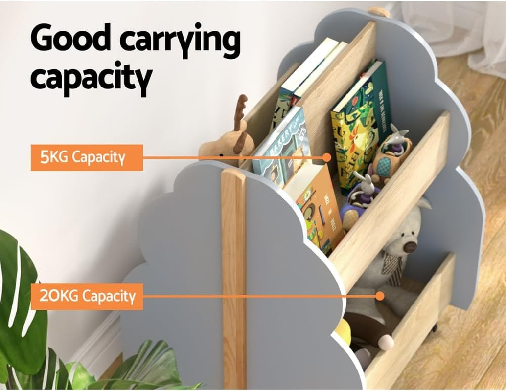 Keezi Kids Toy Box, 2 Tiers Bookshelf Children Toys Storage Organiser Bookcase Furniture Multifunctional Activity Play Living Room Bedroom Decor, MDF with 2 Wheels White image number 5