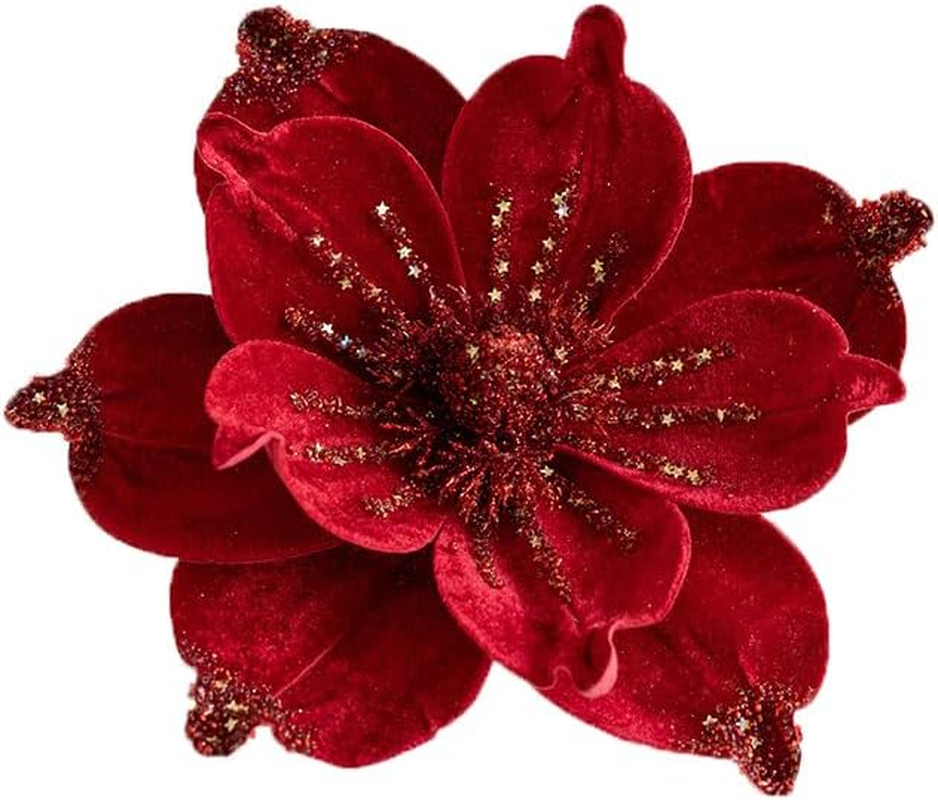 6 Pcs Christmas Glitter Magnolia Flower Artificial Poinsettia Magnolia Flowers with Stem 9.4Inch Christmas Tree Magnolia Flowers for Xmas Wedding Holiday Decor Wreath Garland Photo Prop (Green) - Pink image number 2