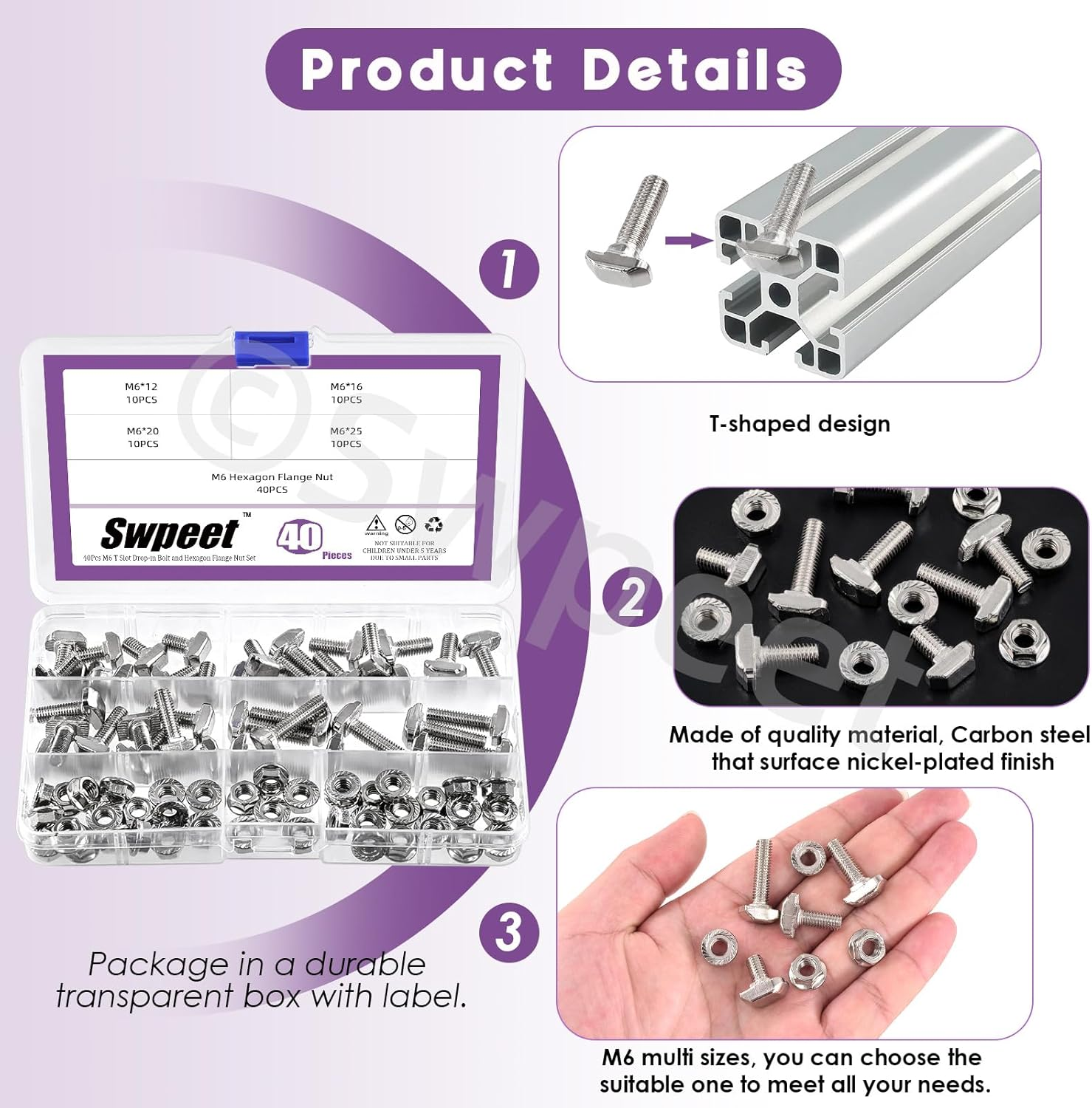 Swpeet 80Pcs 4 Sizes European Standard 30 Series M6 X 12/16/20/25Mm T Slot Drop-In Bolt and Nickel M6 Flange Nut Assortment Kit, Thread T Slot, Drop-In Bolt T-Bolt, Hammer Head Bolt, T Screw Stud image number 4