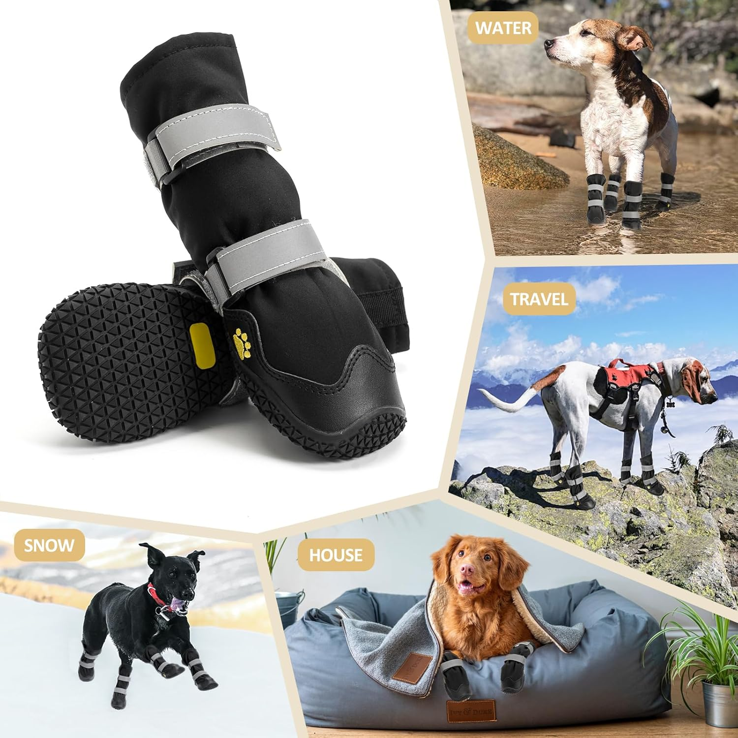 OHCOZZY Anti-Slip Dog Shoes with Reflective Straps, High Dog Boots Waterproof, Wear-Resistant Leather Rubber Sole Dogs Paw Protector for Small Medium Large Dogs 4 Pcs(L, Black) image number 4