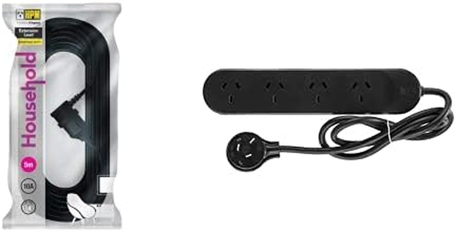 HPM Entertainment Extension Lead Black 5M + Standard 4 Outlet Powerboard Black