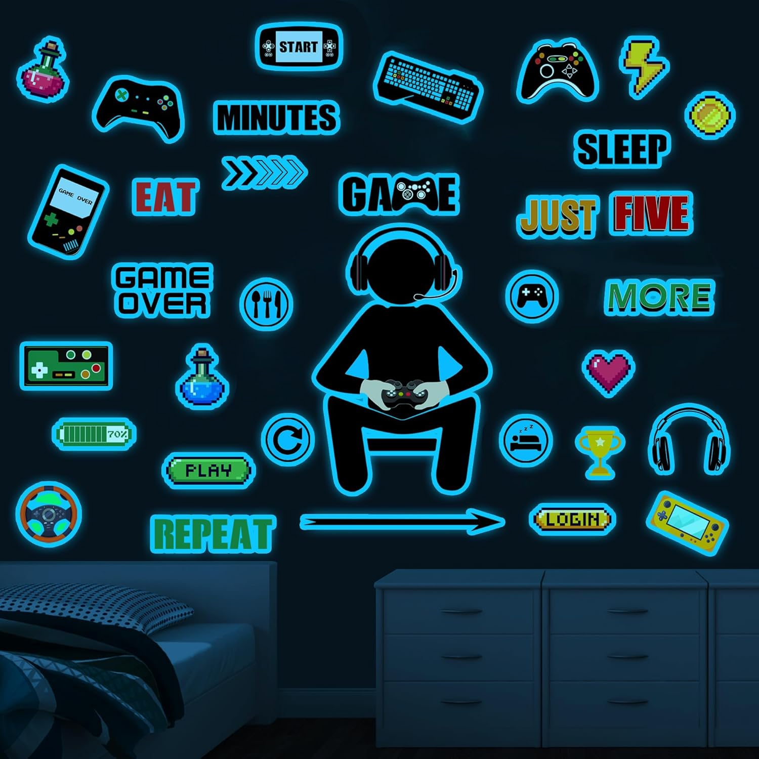 Gamer Wall Decals Stickers Glow in the Dark Wall Decals Game Wall Stickers Gaming Controller Wall Decals Game Room Decor Video Game Decal for Boys Kids Girls Bedoom Playroom Wall Decor&hellip; (Sky Blue) image number 6