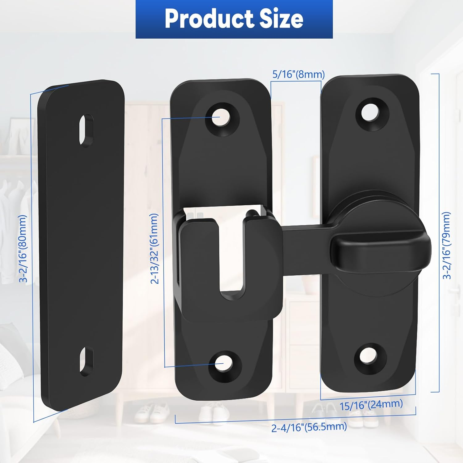 90/180 Degree Barn Door Locks and Latches, Safety Aluminum Hardware Sliding Door Latch, Small Flip Locks for Barn, Bathroom, Cabinet, Garden, Window (Black-1Pc) image number 6