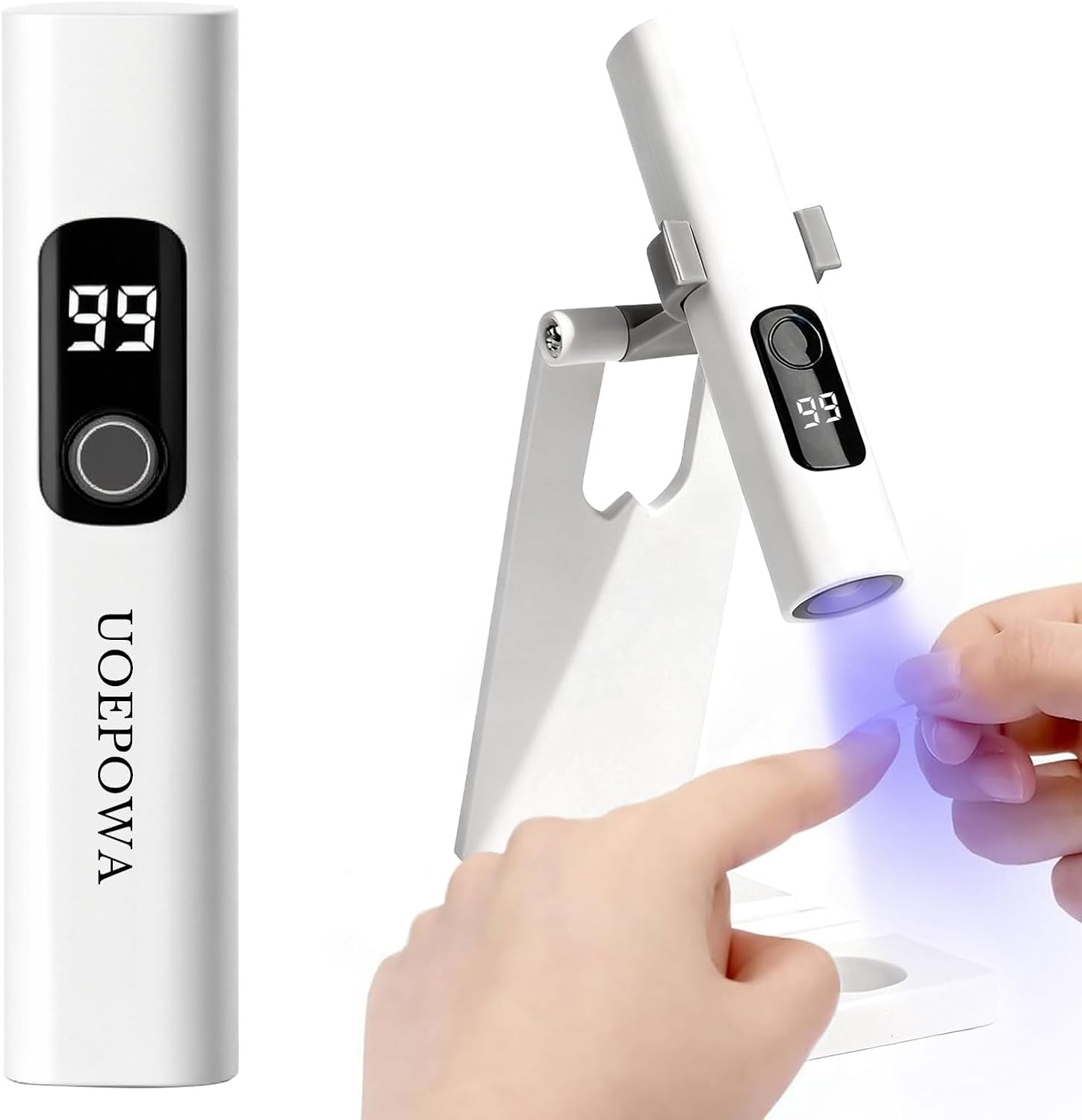 UOEPOWA Handheld UV Light for Gel Nails with Stand, Rechargeable Mini Portable Cordless Nail Lamp with LCD Display, Eye-Protective Cover, Flash Curing for Glue image number 1