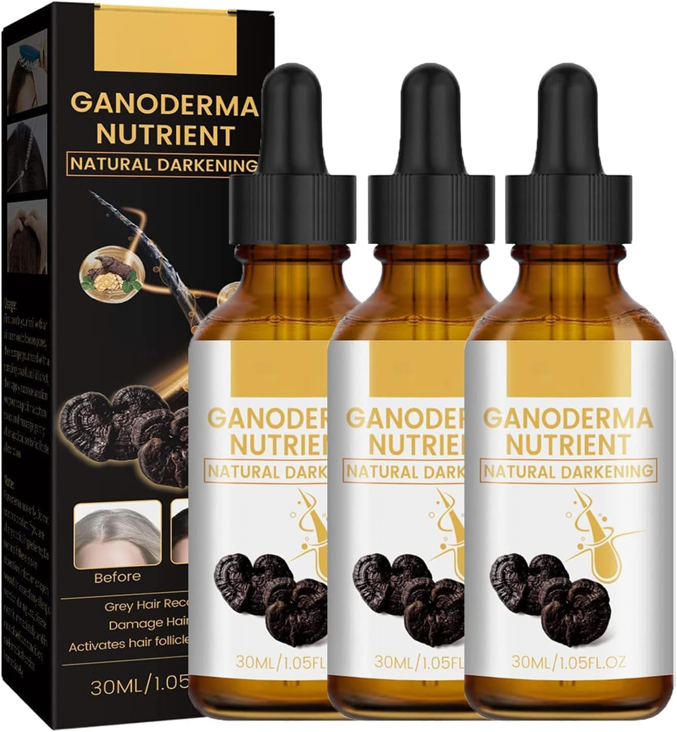 Anti-Grey Hair Treatment 30Ml,Restore Hair Natural Color, Ganoderma Nutrient Natural Darkening,Grey Hair Coverage Serum Promotes Fuller