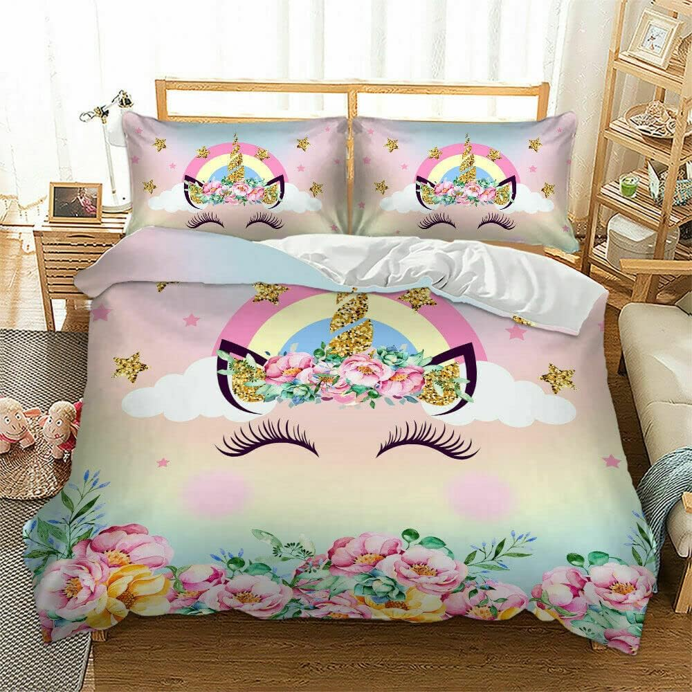 Happy Smiling Unicorn Quilt Doona Duvet Cover Set Single Double Queen Size Available Single, 1 Pillow Case