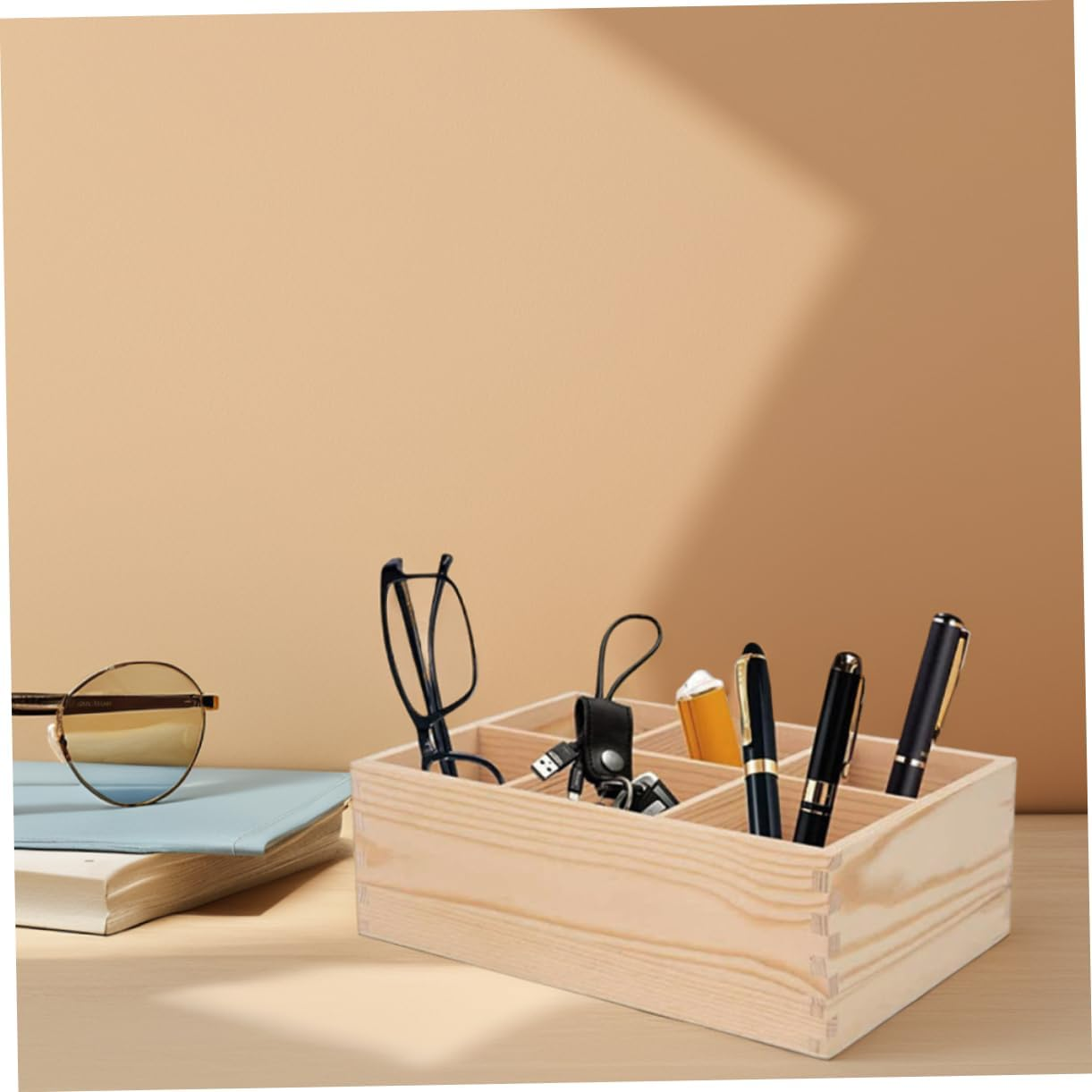 COHEALI 2Pcs Multipurpose Storage Box Wooden Pencil Case Compartments Rotating Organizer for Art Supplies and Makeup Brushes for Office Desk image number 5