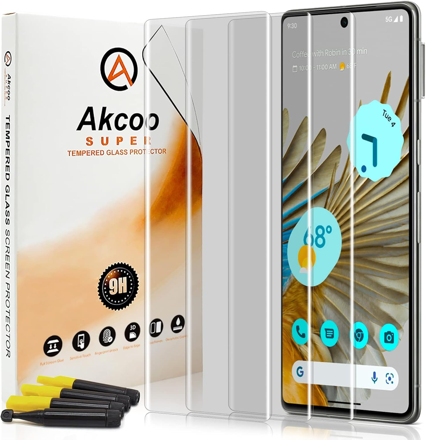 [3 Pack]Pixel 7 Pro Screen Protector Tempered Glass, Akcoo UV Full Screen Adhesive [LOCA Liquid Tech][Fingerprint Sensor Compatible] Glass Protector for Google Pixel7 Pro 5G