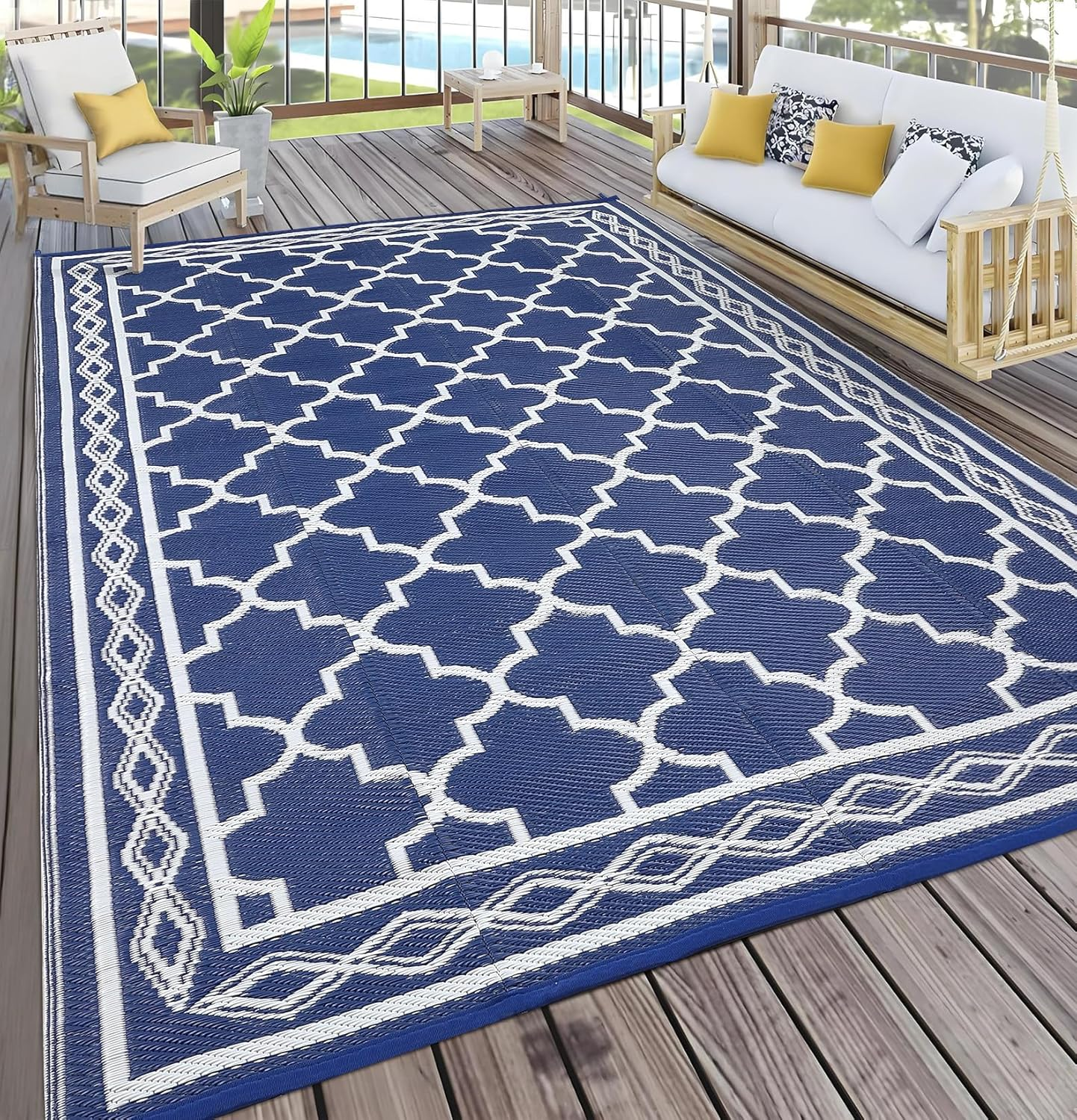 Lintimes Outdoor Rug for Patio Clearance, 152 X 244 Cm Reversible Mats, Waterproof Carpet, Plastic Straw Rug for Indoor Outdoor, Floor Mat&Rug for RV Porch Backyard Deck Beach, Black Gray