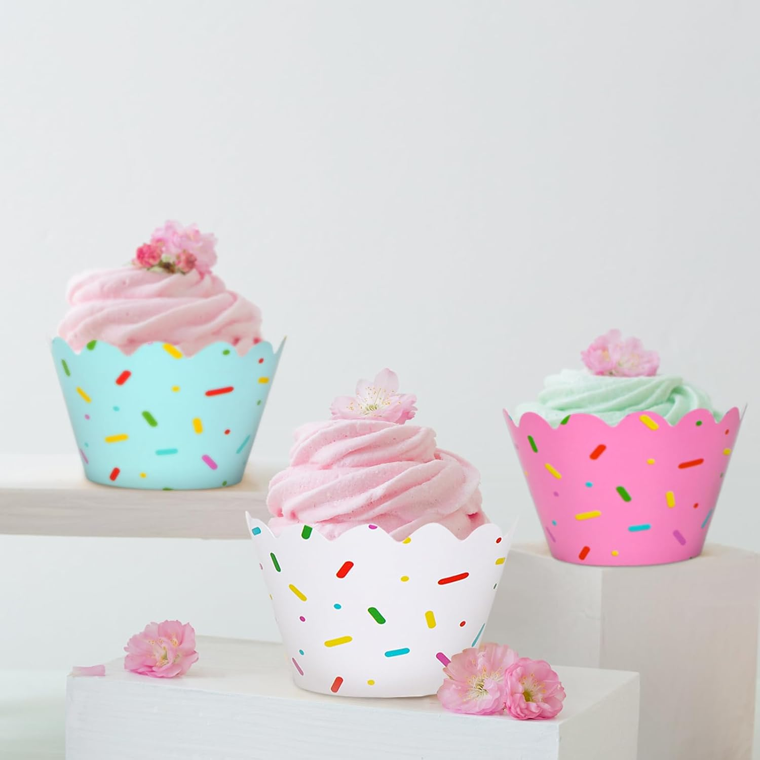 Whaline 36Pcs Colorful Donut Cupcake Wrappers Blue White Pink Sprinkles Icing Cupcake Liners Candyland Party Paper Baking Cup Decorative Cupcake Holders for Christmas Birthday Party Cake Decoration