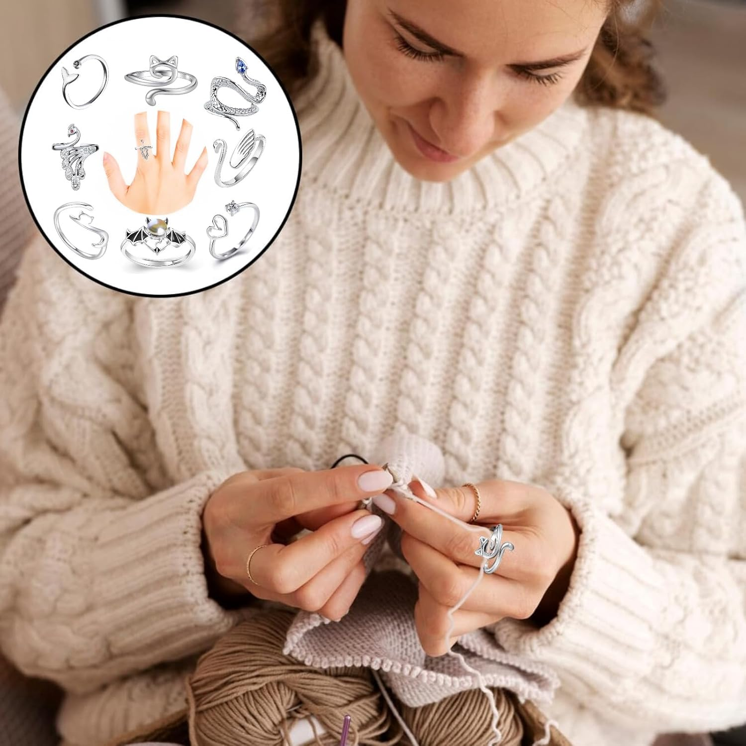 Knitting Rings, 8 Pcs Silver Metal Adjustable Crochet Knitting Tools for Hand Weaving, Hook Line Supplies, with Animal Shape Open Finger Ring (8 Styles) image number 2