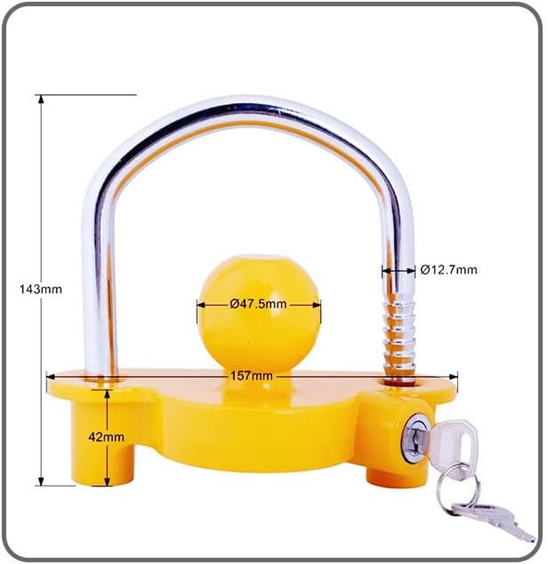 Universal Ball Coupler Yellow Coupler Lock Trailer Hitch Security Adjustable Lock for Enhanced Caravan Security, Curved with 2 Keys, Fits Fits 1-7/8",2&rdquo;, 2-5/16" Coupler image number 6