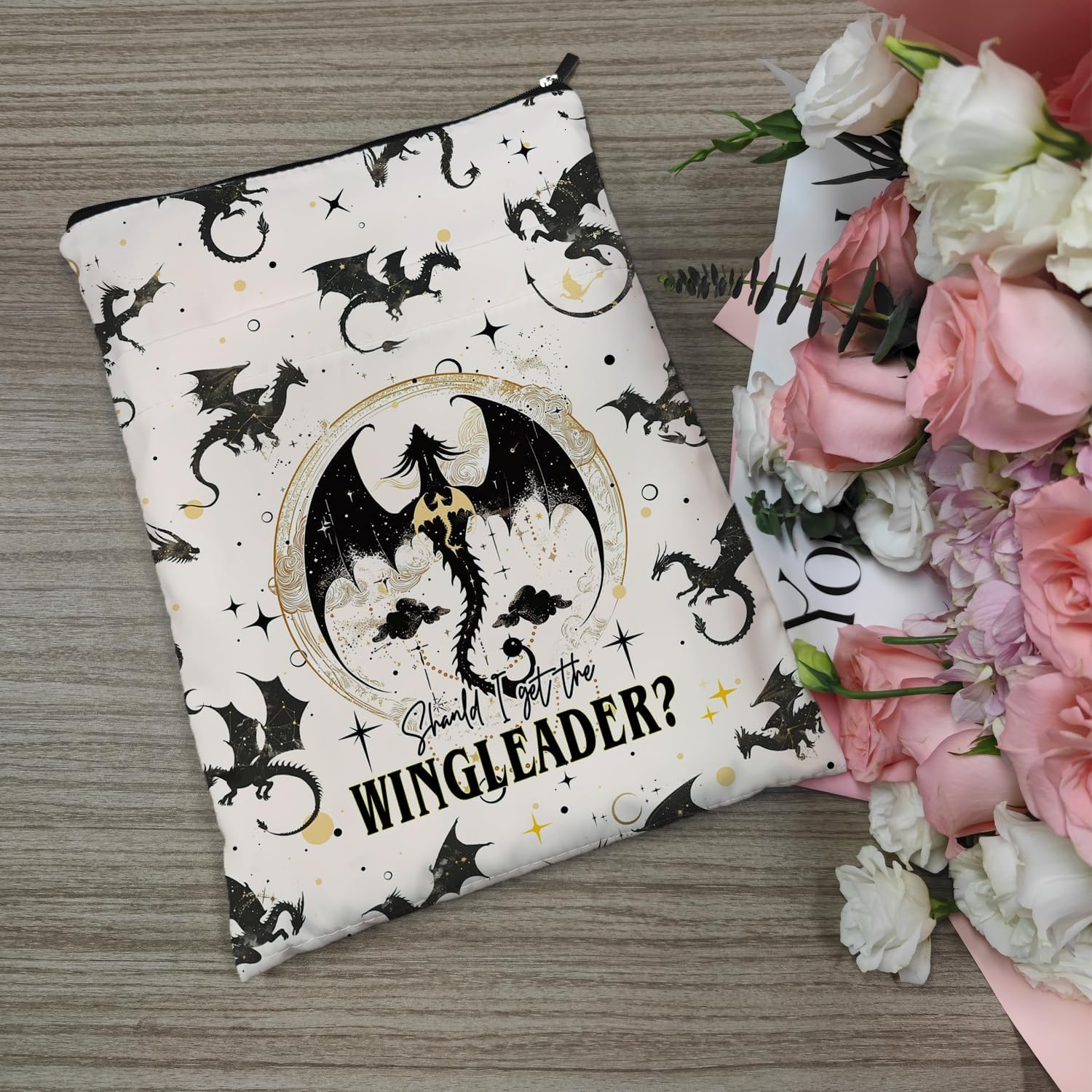 Fourth Wings Inspired Book Sleeve, Book Sleeves with Zipper, Dragon Book Sleeve for Book Lovers, Book Pouch Kindle Protector, Gifts for Women Teacher Librarian Bookworm Bookish (White-A, Large) - White-B image number 4