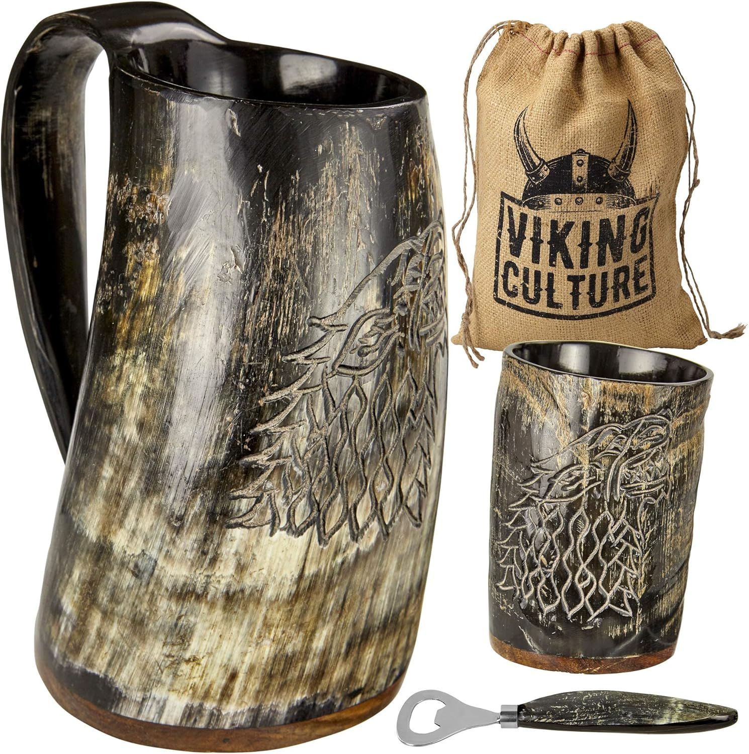 Viking Culture Ox Horn Mug, Shot Glass, and Bottle Opener (3 Pc. Set) Authentic 16-Oz. Ale, Mead, and Beer Tankard | Vintage Stein with Handle | Custom Intricate Design - Natural Finish