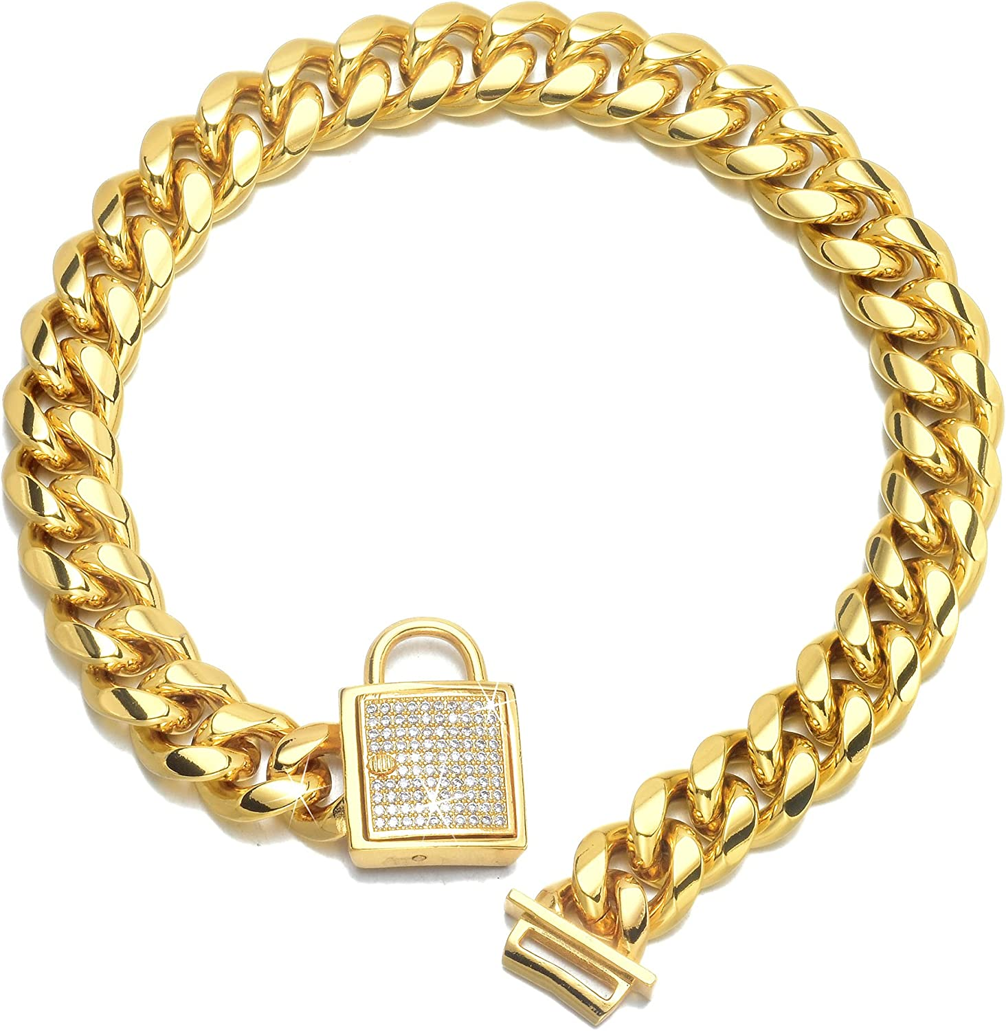 Abaxaca 18K Gold Dog Collar XS Small Metal Stainless Steel 14Mm Luxury Training Collar Cuban Link with Zirconia Lock Necklace Chain Locking Chew Proof Collar(10 Inch) image number 4