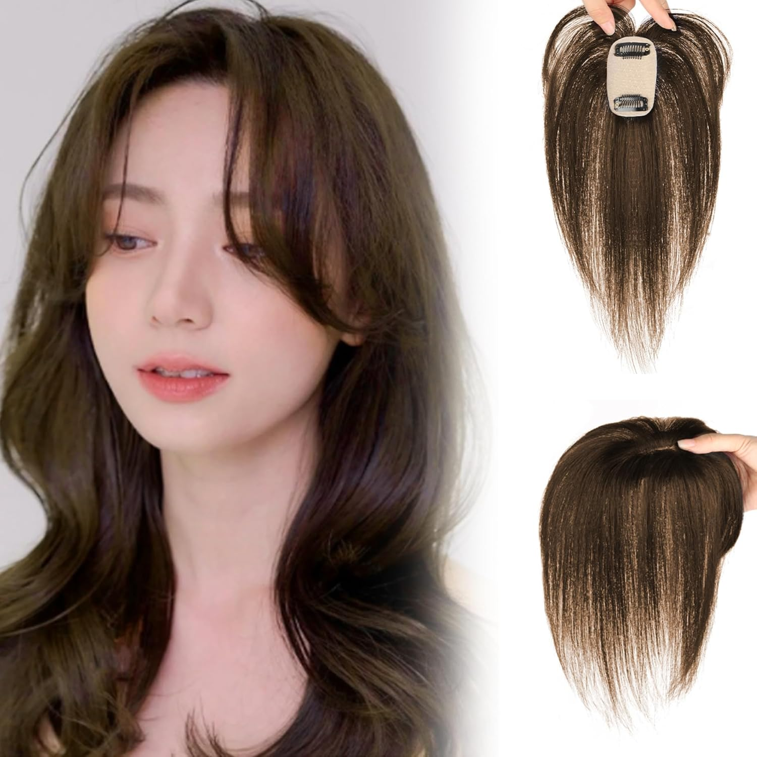 Hair Topper Clip in Hair Extensions 9.8 Inch Long Hair Toppers for Thin Hair Women Silk Base Clip in Hair Extensions Natural Looking for Daily Use Brown image number 3