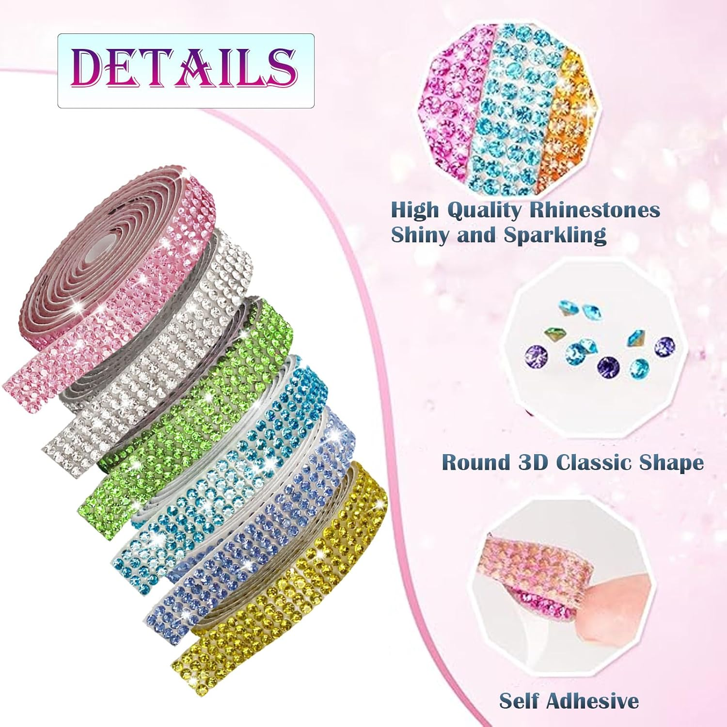 6 Rolls Colored-Adhesive Rhinestone Tape - Silver Diamond Crystal Bling Strips for DIY Crafts, Christmas Decor, Shoes, Phone, Dresser, Car Wrap | Glitter Jewel Sticker Roll（Six Colors） image number 5