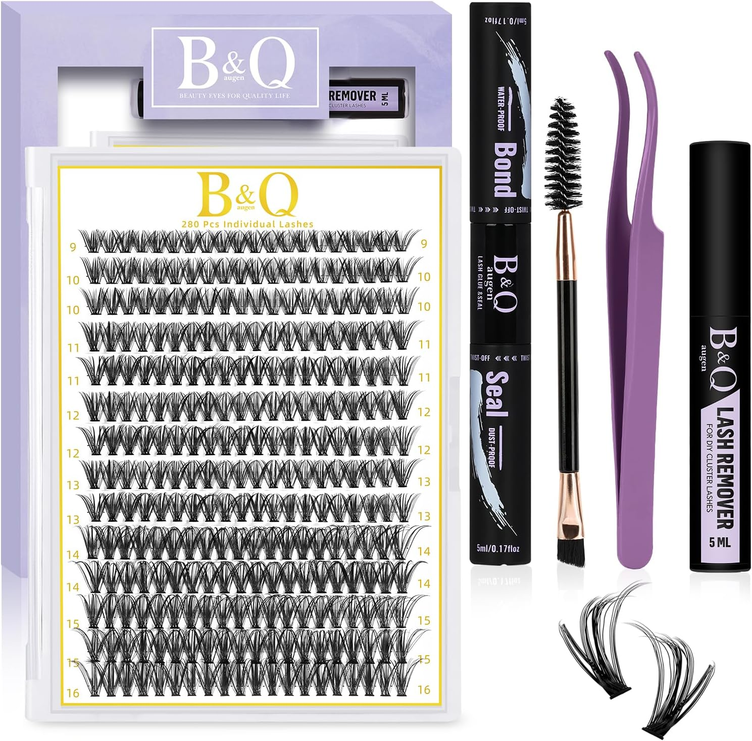 Cluster Lashes Kit 280PCS DIY Lash Extension Kit 9-16MIX Individual Eyelash Extension Kit 40D D Curl Lash Glue Remover and Applicators for Eyelash Extensions Beginners(Rrkit-40D-0.07D-9-16Mix-New) image number 5
