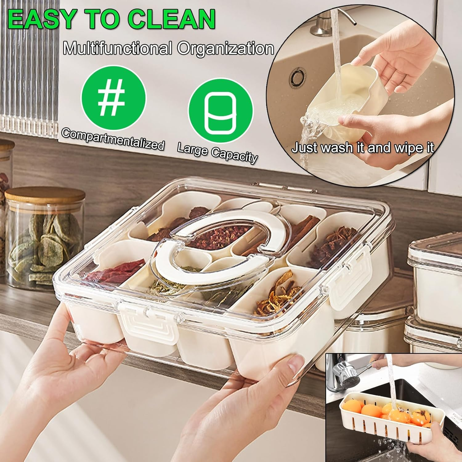 2 Pack Divided Serving Tray with Lid and Handle, Food Storage Box with 12 Plastic Compartment Platters, Portable Snack Platters Clear Organize, Candy Fruits Veggie Snacks Party Entertaining Picnic image number 3