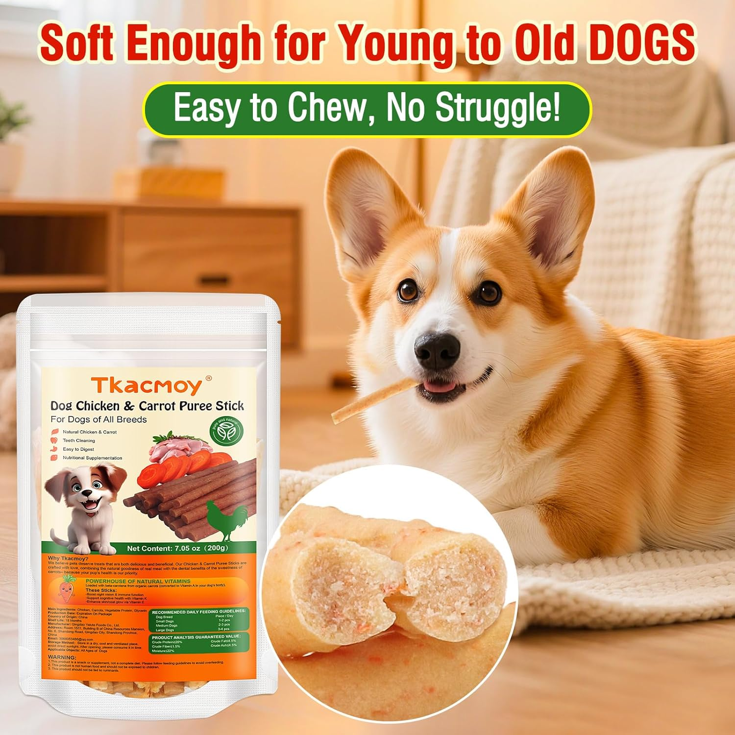 Healthy Dog Chicken and Carrot Stick Treats，Natural Chewing Sticks with Vitamins for Dental Health, Dog Treat for All Breeds, Puppy to Adult 7.05 Oz（200G） image number 5