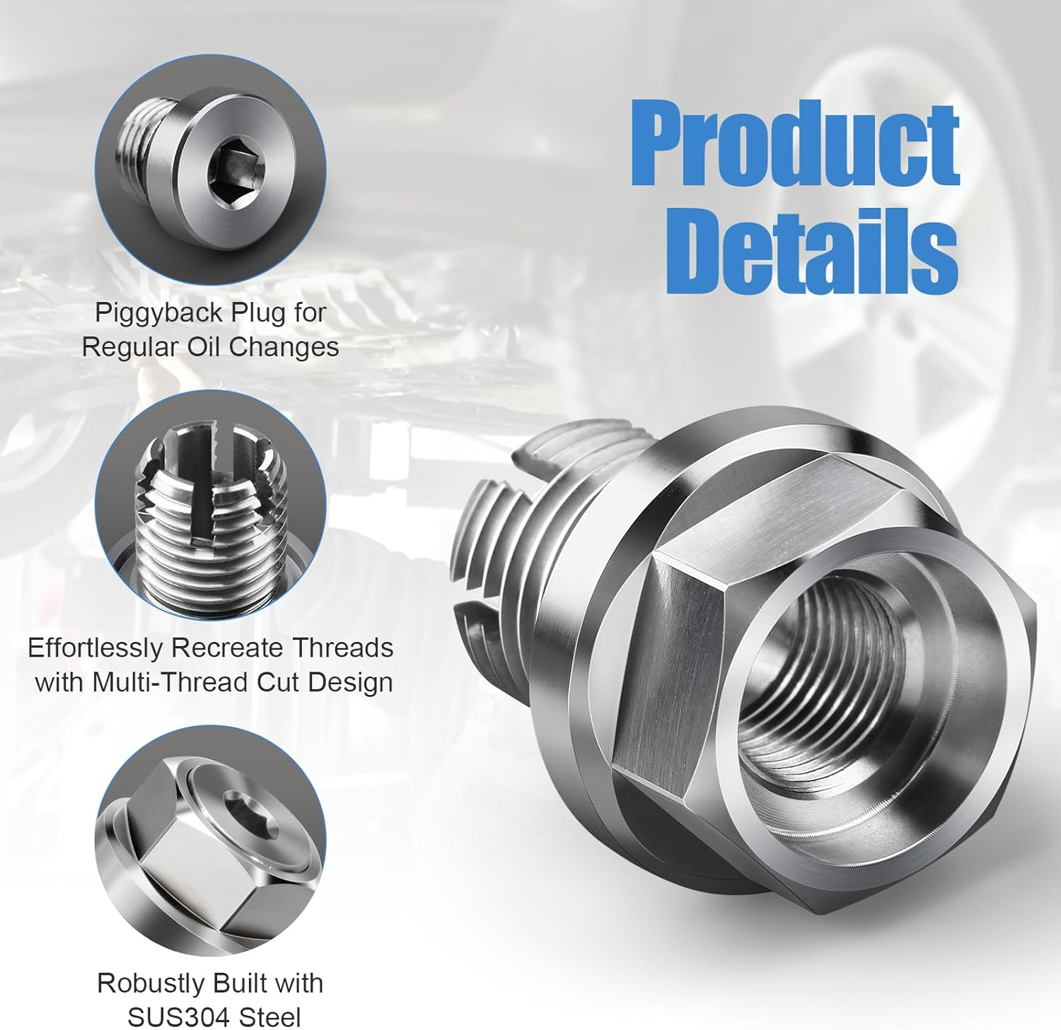 M14.1-1.5 X 15Mm Oversize Piggyback Oil Drain Plug, Stainless Steel Self Tapping Oil Pan Thread Repair Kit image number 4