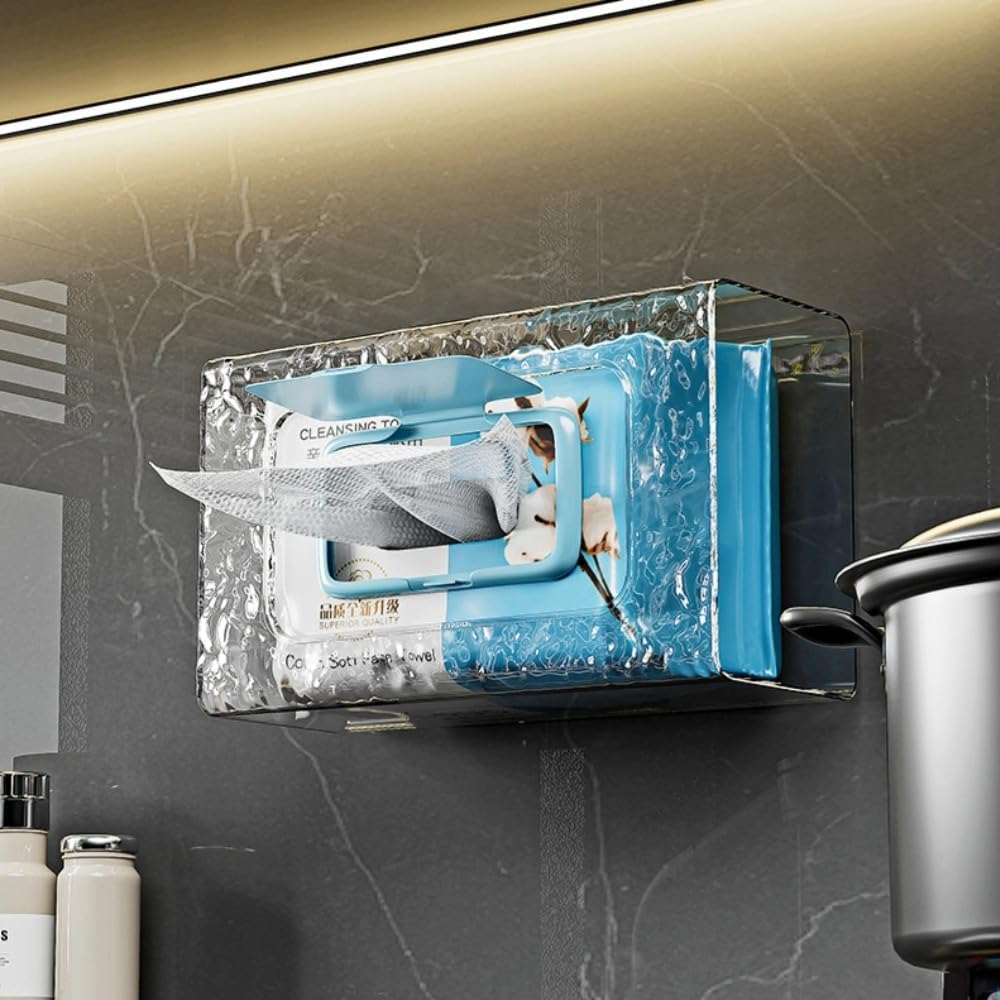 Poemtian Tissue Box Holder, Wipes Dispenser, Wall Mounted Tissue Box Holder, Clear Acrylic Tissue Box Holder, No Punching Self-Adhesive Wipes Holder for Bathroom, Wipes Dispenser for Kitchen Toilet image number 1