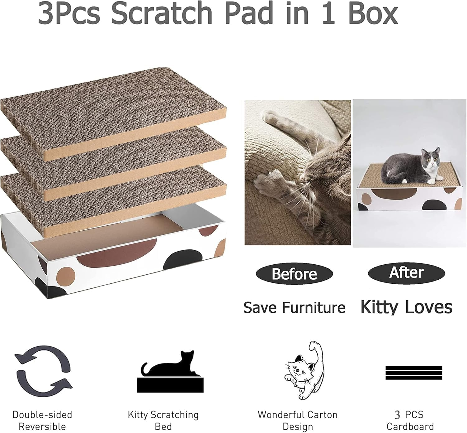 Mumoo Bear 3 Packs Cat Scratcher Pad with Cat Box,Durable Cat Scratcher Cardboard Refill,3 in 1 Recyclable Cardboard Cat House Suitable for Cats to Rest,Grind Claws and Play,Reversible Scratch Box image number 5