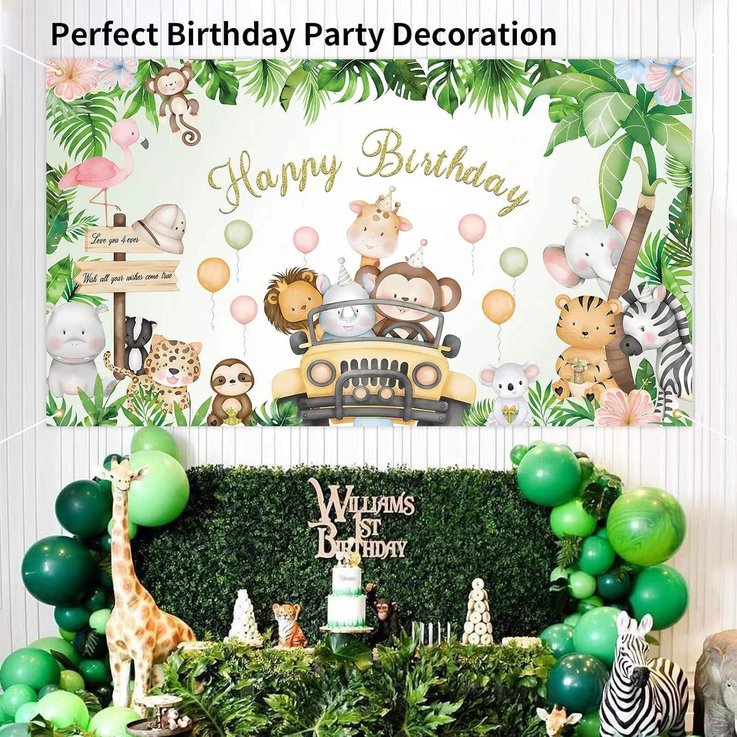 WVMNQO 6 * 3.6Ft Happy Birthday Banner, Jungle Animals Birthday Gifts for Boys and Girls, Reusable Birthday Decorations, Durable Party Decorations Backdrop, Party Supplies Photography Background image number 3
