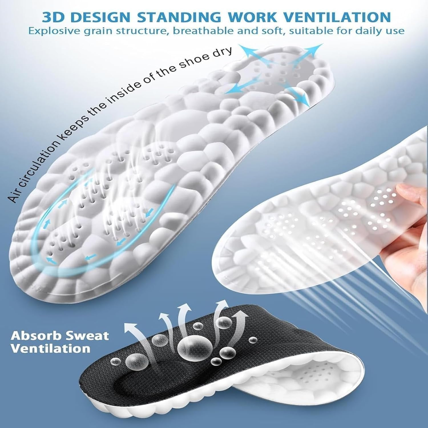 2 Pairs Memory Foam Steppers Insoles with Arch Support for Women Men, Comfort Massage Insoles Replacement Shoe Inserts for Trainers Sneakers Sports Shoes Work Boots and Walking Shoes(39-40/6-7) image number 5