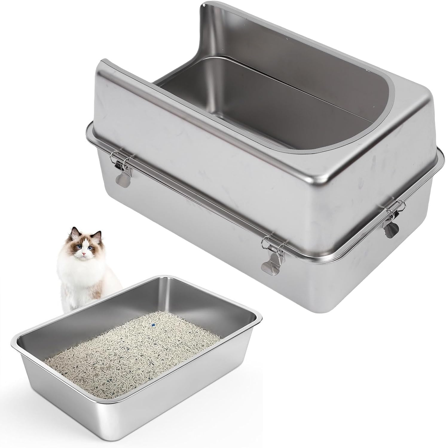Jiawu Extra Large Stainless Steel Cat Litter Box with Cover for Easy Cleaning, Spacious Design for Cat Lovers image number 1