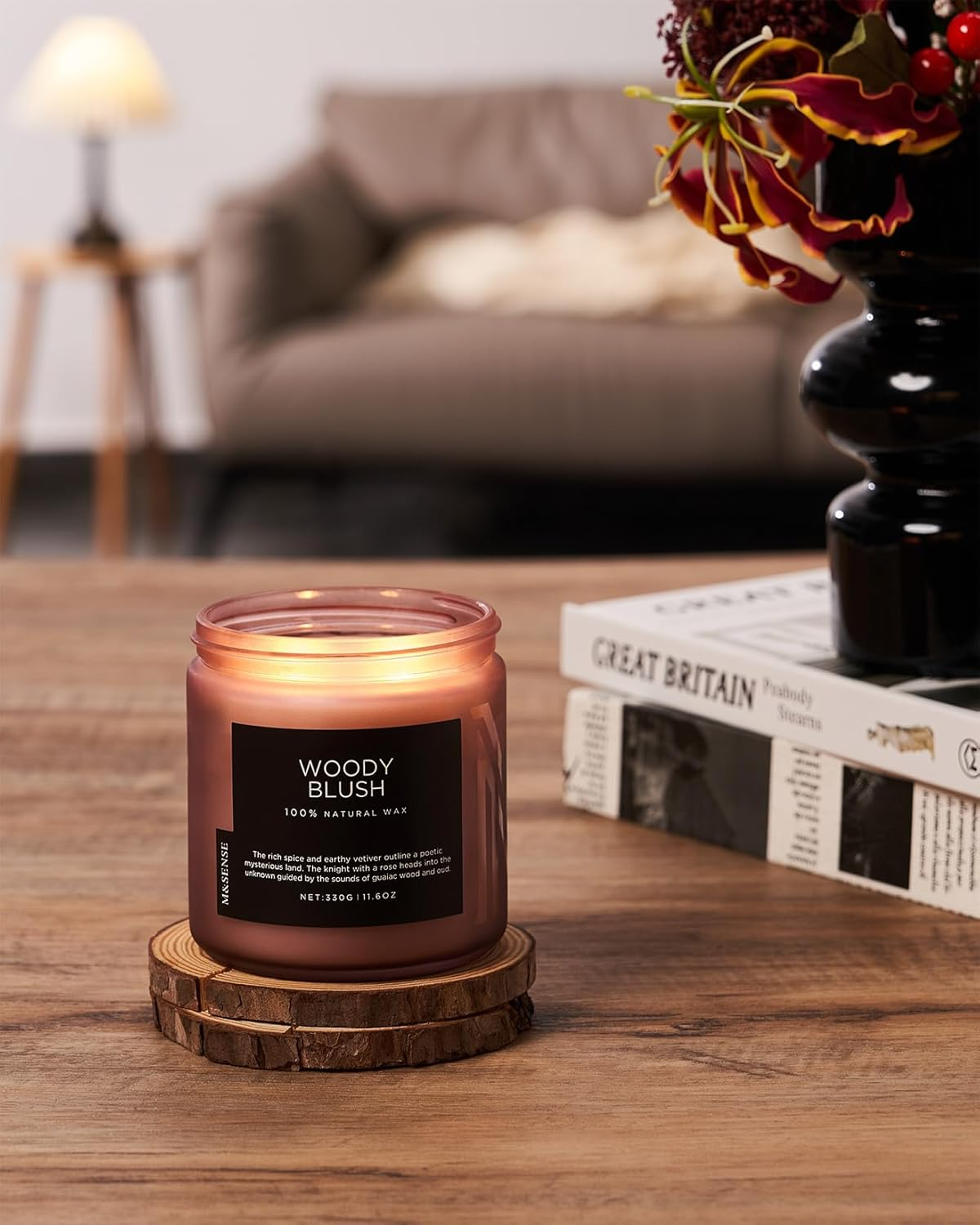 M&SENSE Rose & Vetiver Scented Candle, 11.6Oz Jar Candle, 70 Hours Long Lasting Burn Time Candles, 2 Wick Soy Wax Aromatherapy Candle for Home Decor, Fall Candle for Family Friends Teacher image number 4