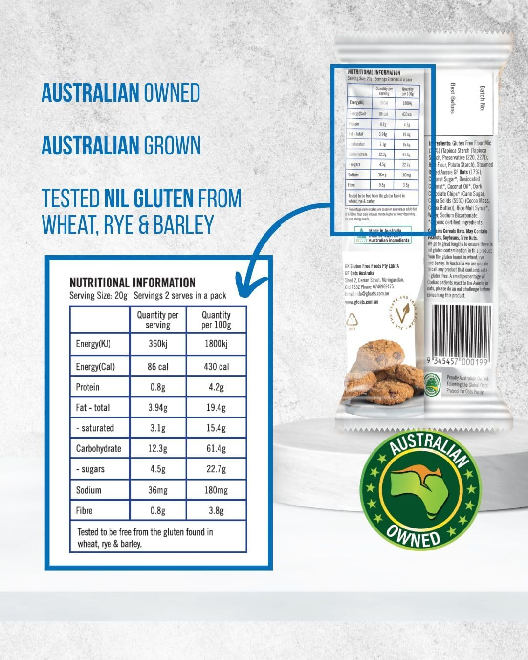 GF Oats Choc-Chip Biscuits | Nil Gluten Contamination | 25 X 40G Pack | Wheat Free, Rye Free, Barley Free, GMO Free, Vegan Biscuits for Gluten Free Diet. Free from Refined-Sugar, Dairy, Egg & Soy image number 4