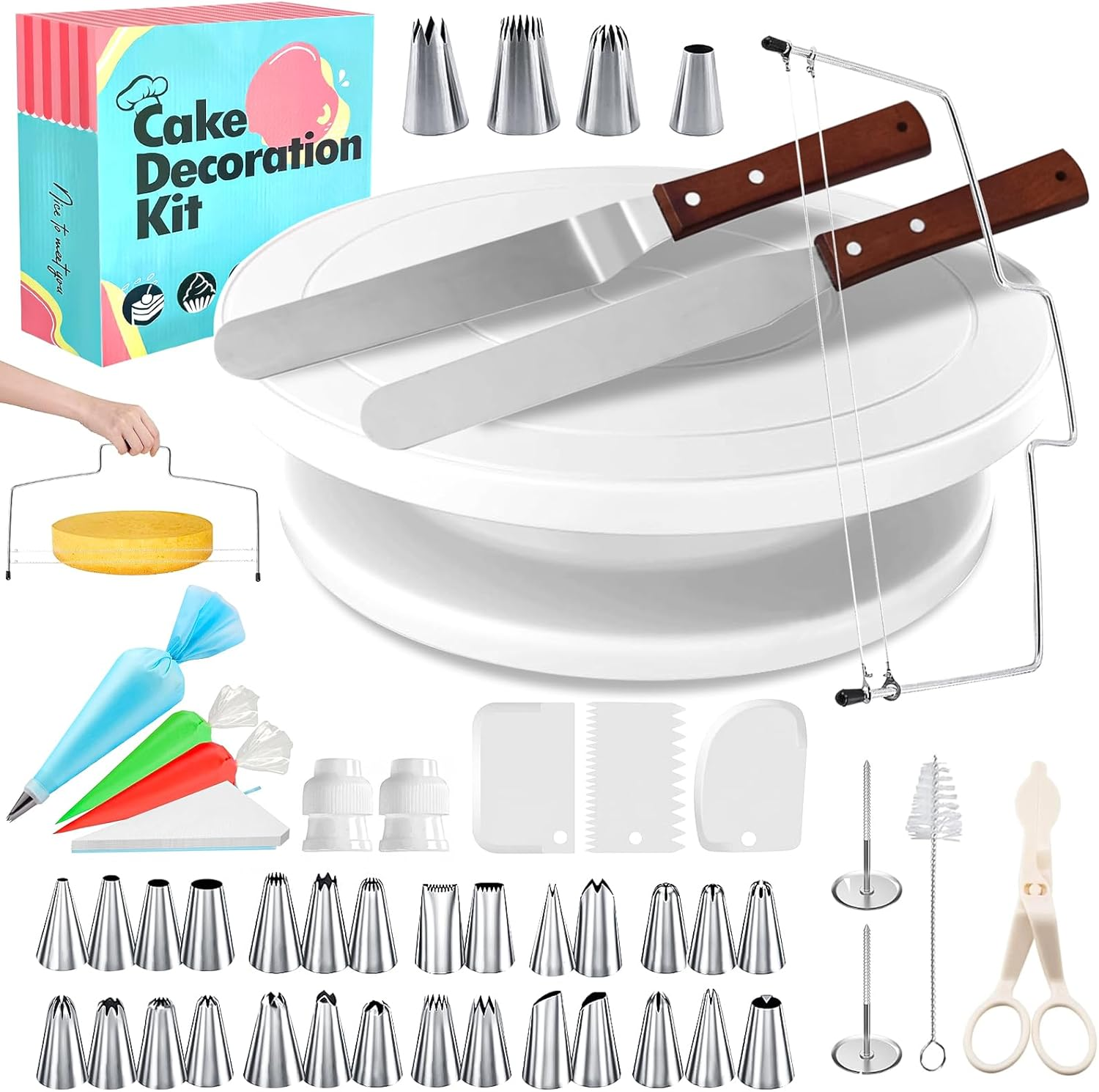 Cake Decorating Kit - 11-Inch Rotating Cake Turntable, 28 Piping Tips, 2 Icing Spatulas & 3 Scrapers, 20 Piping Bags and Other Cake Decorations, 62Piece Complete Set for Beginners