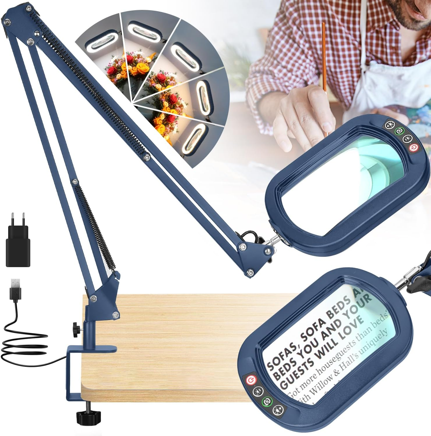 Veemagni 10 X Real Glass Rectangular Magnifying Glass with Light and Clamp, Reading Magnifier, 5 Colour Modes, Continuous Dimming, 2 X 16 Inch Large Swivel Arm LED Magnifying Lamp, Hands-Free Table image number 2