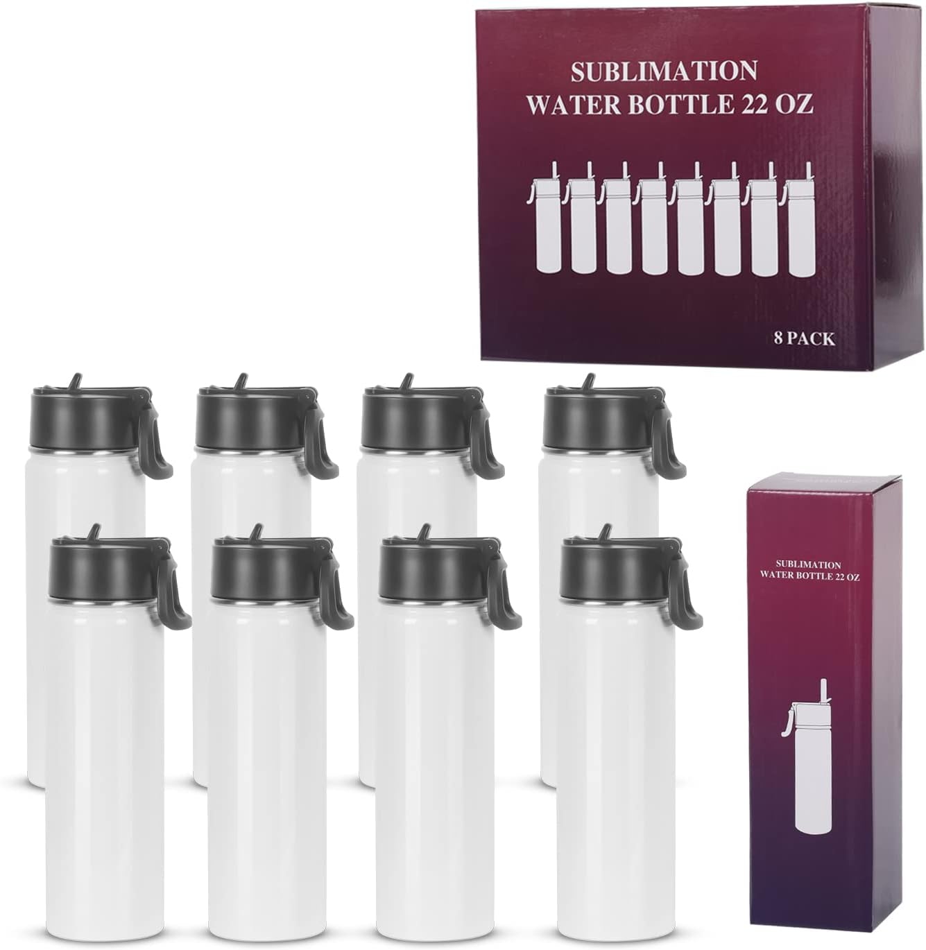 Draheri Sublimation Sports Water Bottle Blanks, 22 Oz Sublimation Tumblers, Double Wall Stainless Steel Sports Water Bottle Flask with Portable Handle, Individually Boxed (8 Pack)