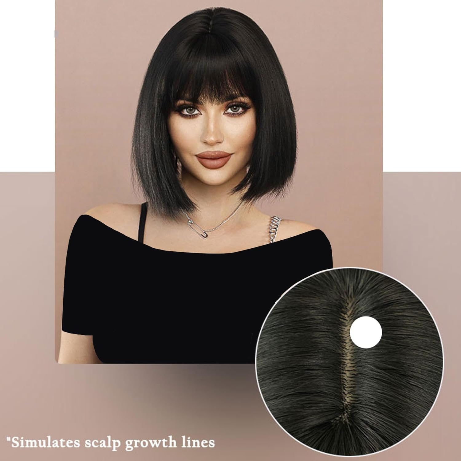 Women'S Straight Black Bob Wig with Bangs, Short Bangs, Natural Wig Heat Resistant Synthetic Black Wig (Black) image number 6