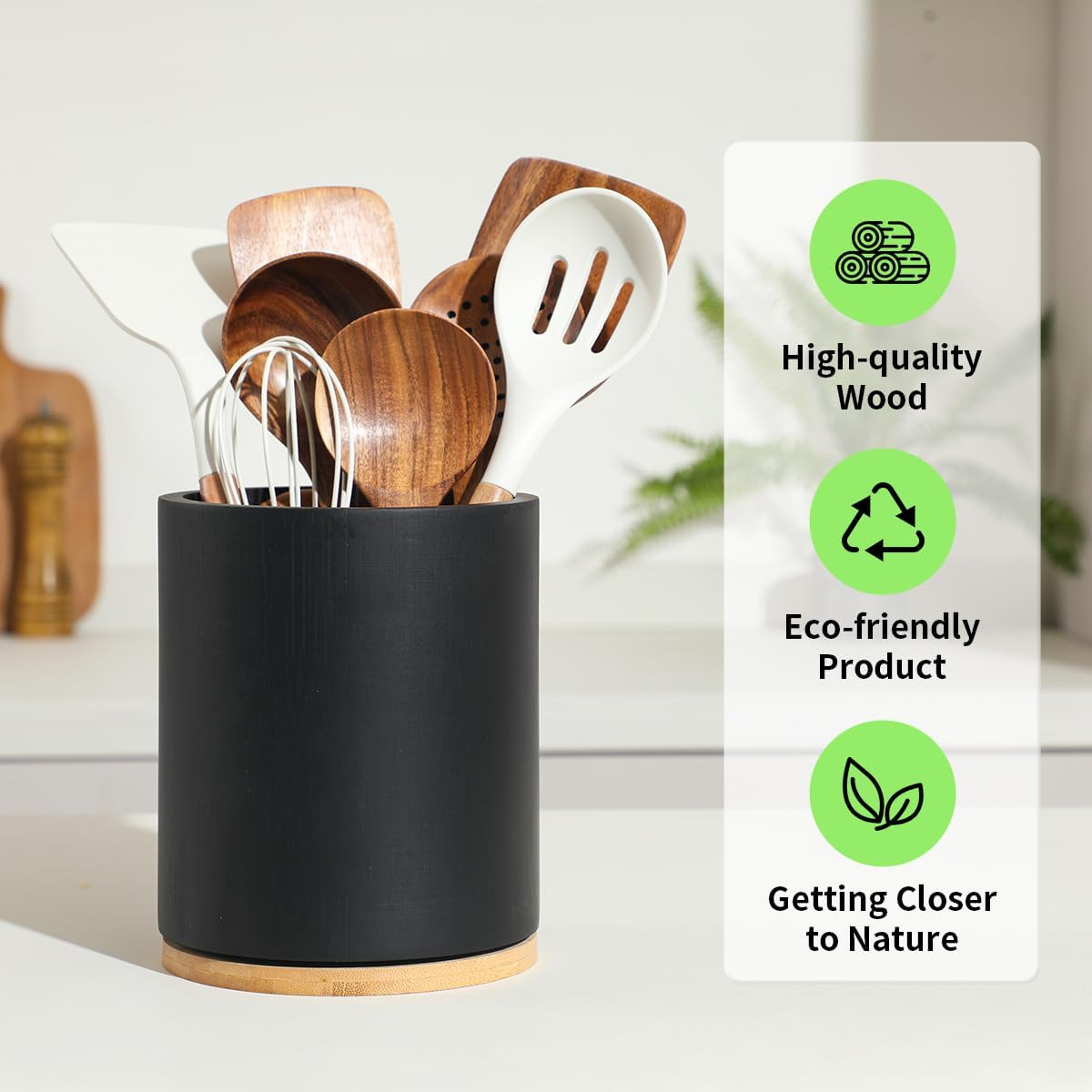 Wooden Utensil Holder, 360&deg;Rotating 7.3'' Large Kitchen Utensil Holder for Kitchen Counter, Kitchen Utensil Organizer, Utensil Crock, Farmhouse Kitchen Countertop Decor, Black Color image number 3