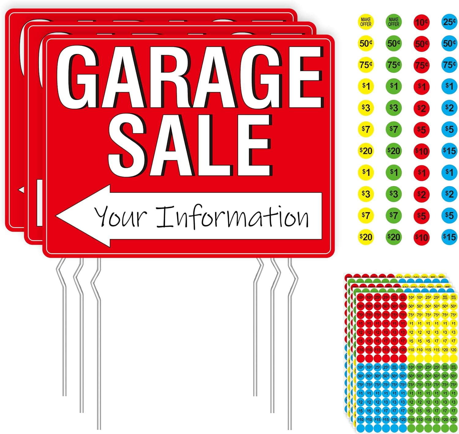 Garage Sale Sign, 3PCS Double Sided Yard Sale Signs with 6 Metal Stakes & 960 Sale Price Labels, Large Font, Fluorescent Neon Color, All-Weather Plastic Sign with Arrow for Garage Sale, Outdoor Estate image number 1