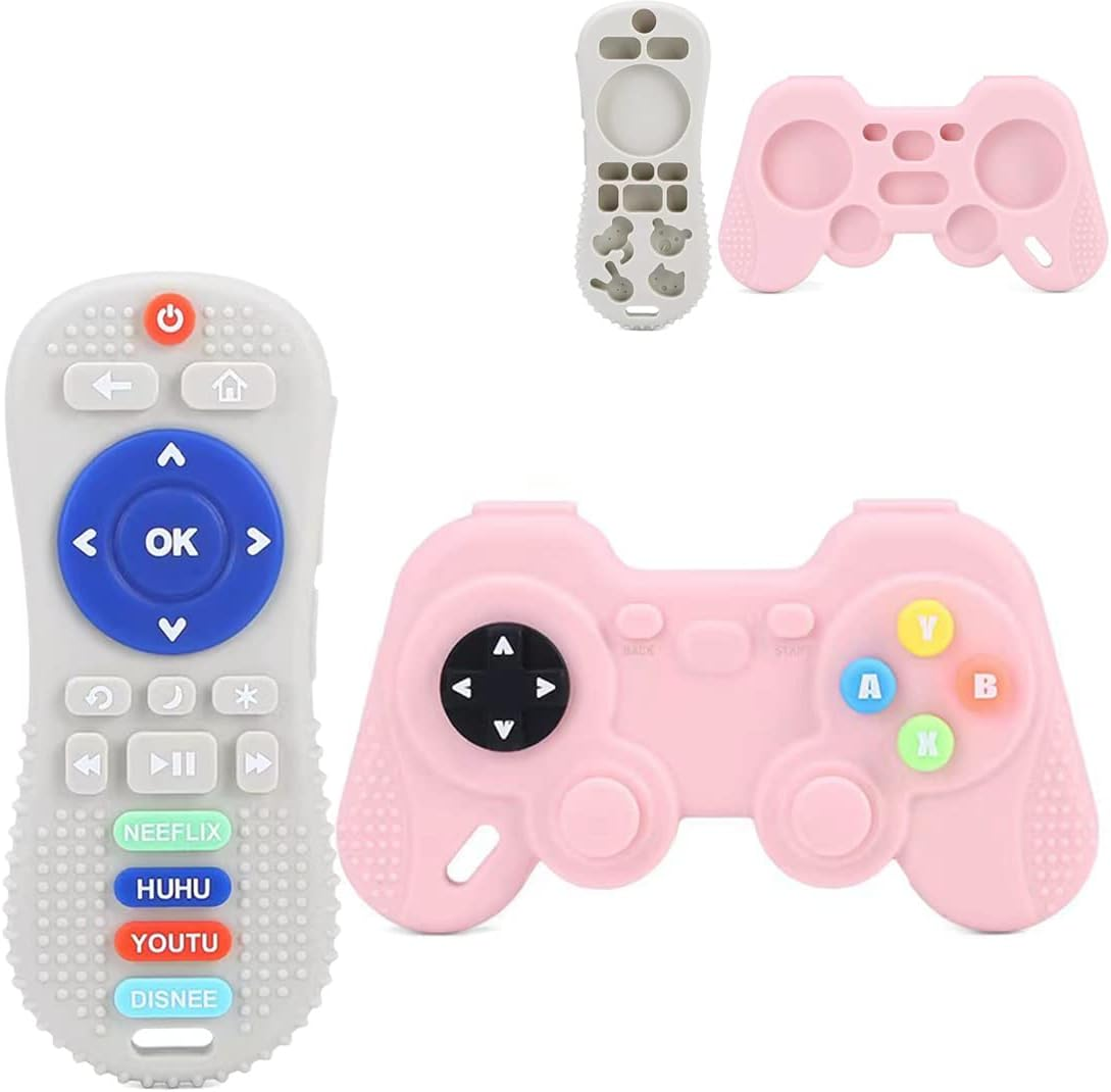 Pandaear Silicone Baby Teething Toys | Remote Control & Game Pad Teether Toys for Babies 6-18 Months | BPA Free Sensory Chew Toys Natural Freezer Safe for Infants Toddlers (Black & Blue)