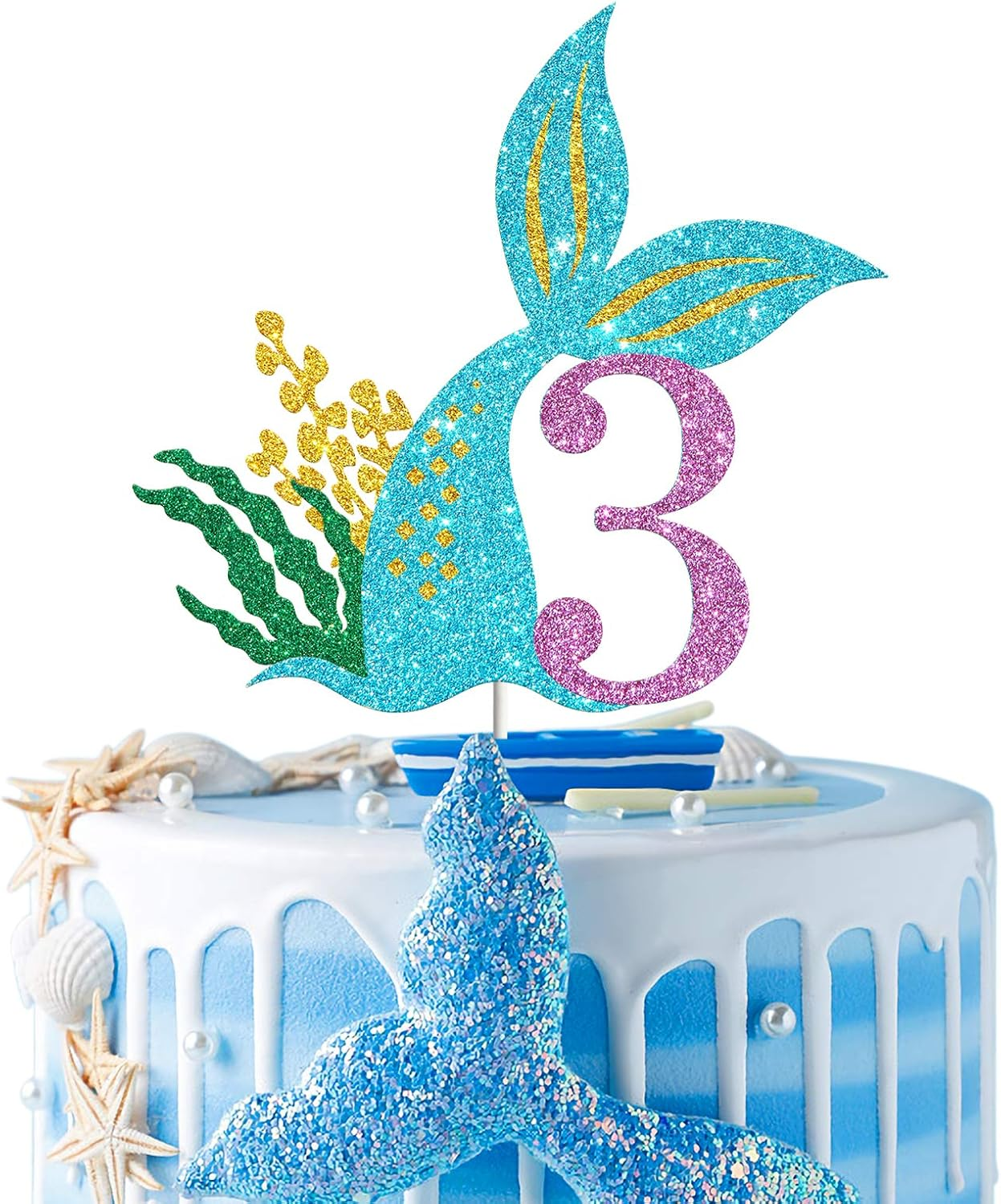 Mermaid Three Cake Topper, Happy 3Rd Birthday Cake Decor, I'M Three Sign, Little Mermaid Birthday Party Decoration Supplies, Daughter of the Sea, under the Sea Themed, Ocean Themed - Glitter image number 1