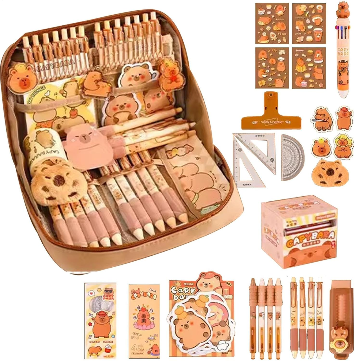 Tuxuseo Capybara Stationery Set, Cartoon Pencil Bag, Cute Pencil Case with Pens, Clips, Rulers and More, Wide Opening Pen Organiser image number 2