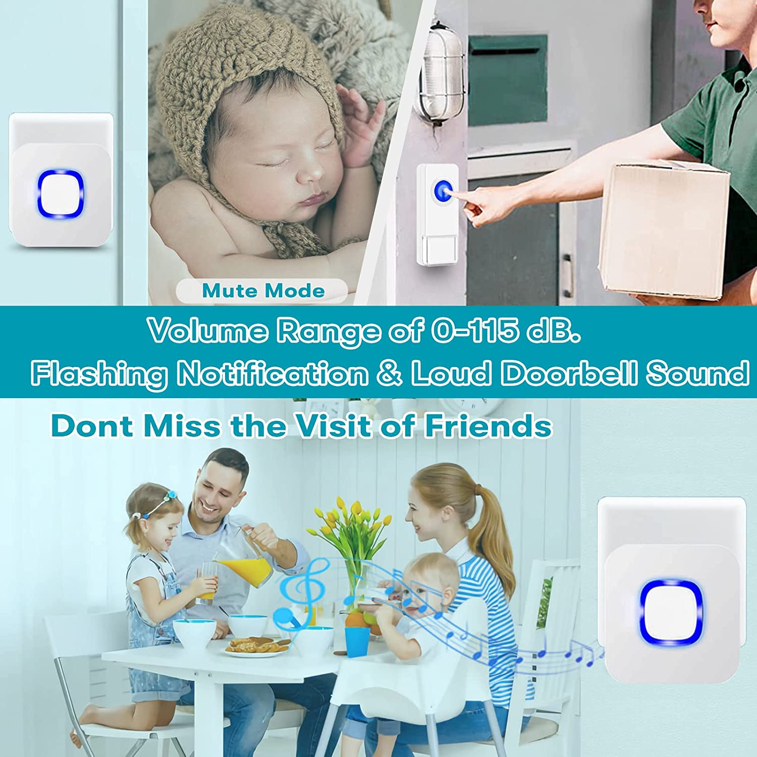 Coolqiya Wireless Doorbell Chime for Home with 1 Remote Waterproof Door Bell and 2 Plugin Receivers, 1000 Feet Long Range Transmission, No Battery Required for Receiver over 50 Chimes image number 5