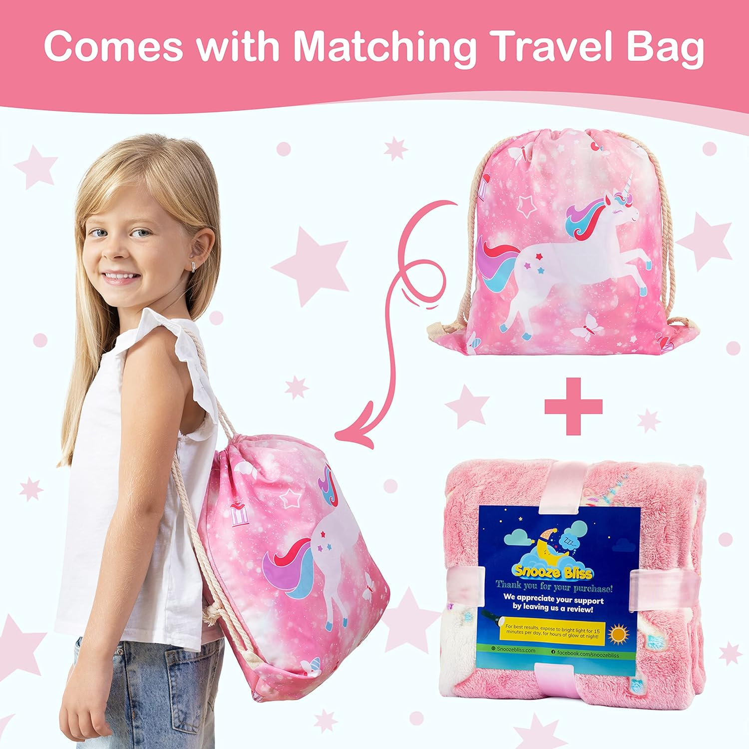 Glow in the Dark Unicorn Blanket for Girls &ndash; Soft Pink Fleece Throw. Great Christmas, Birthday, Baby, Toddler Unicorn Gifts for Girls, Fairy, Butterfly, Stars. Bright Long-Last Glow - Dinosaur image number 2