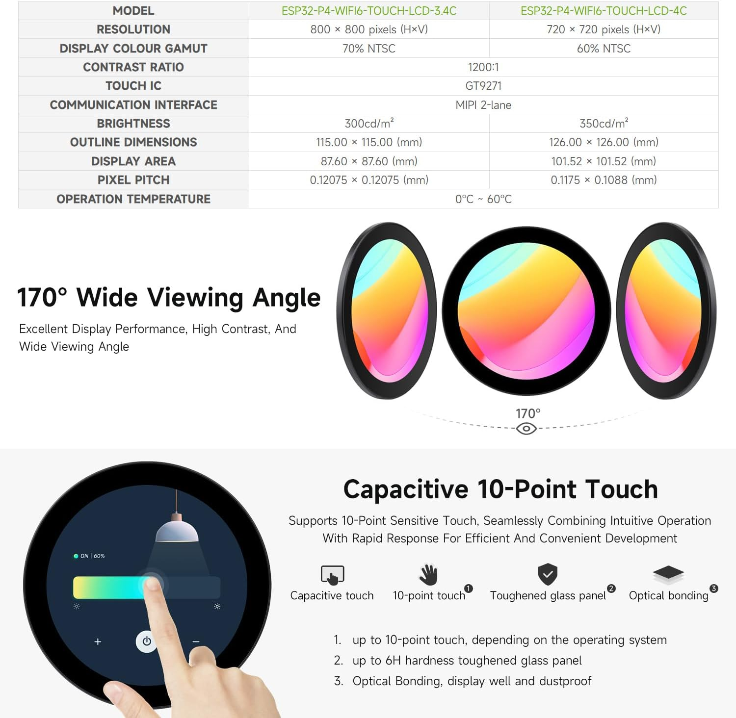 Waveshare ESP32-P4 3.4Inch Wi-F6 round Touch Display Development Board, 800 &times; 800, 170&deg; Viewing Angle, Optical Bonding Toughened Glass, Onboard Dual Microphones, Support Wi-Fi 6 / Blue-T 5 (LE)