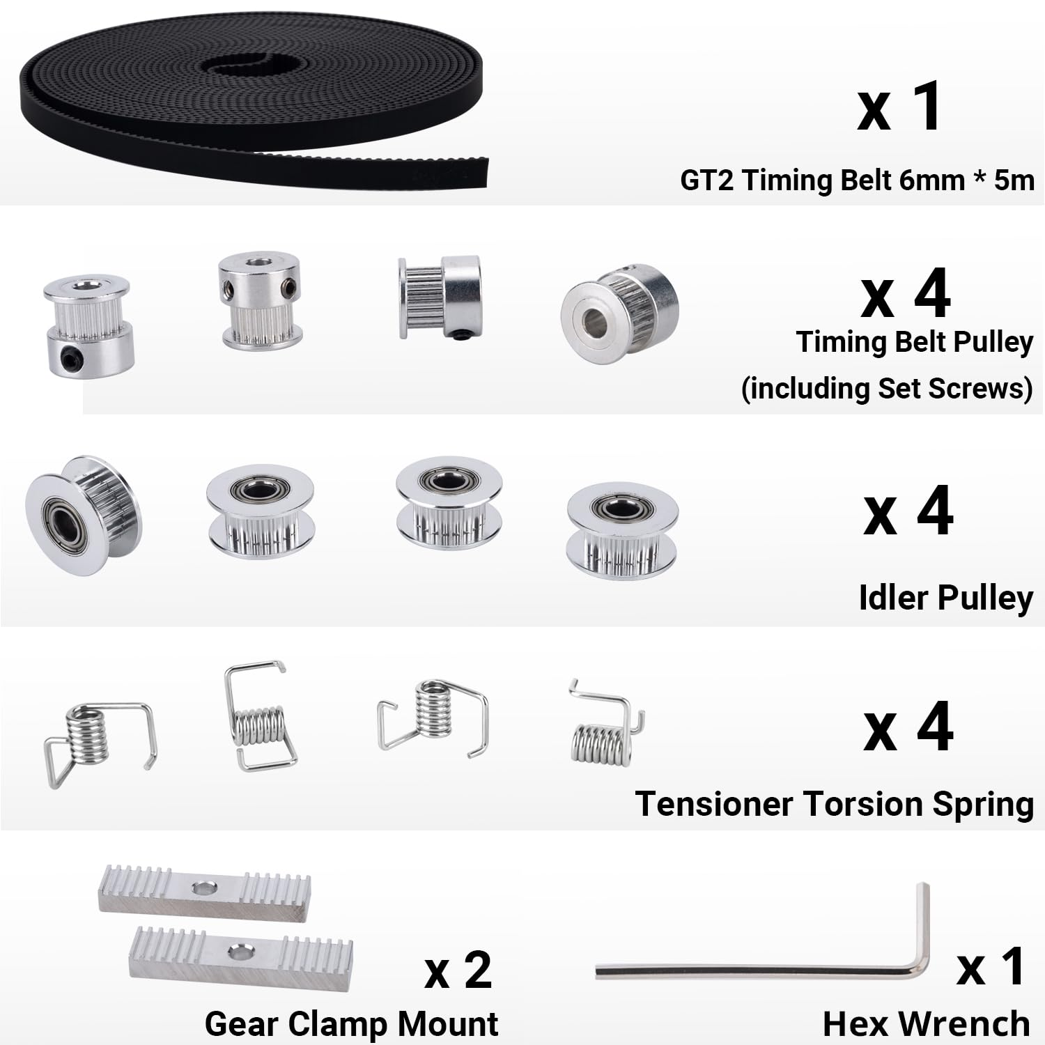 ANQUORA GT2 Timing Belt 6Mm Width 5M + 4 Pcs 20 Teeth 5Mm Bore Timing Belt Pulley + 4Pcs Idler Pulley + 4Pcs Tensioner Torsion Spring + 2Pcs Gear Clamp Mount Block + Wrench, 3D Printer Accessories Set image number 3