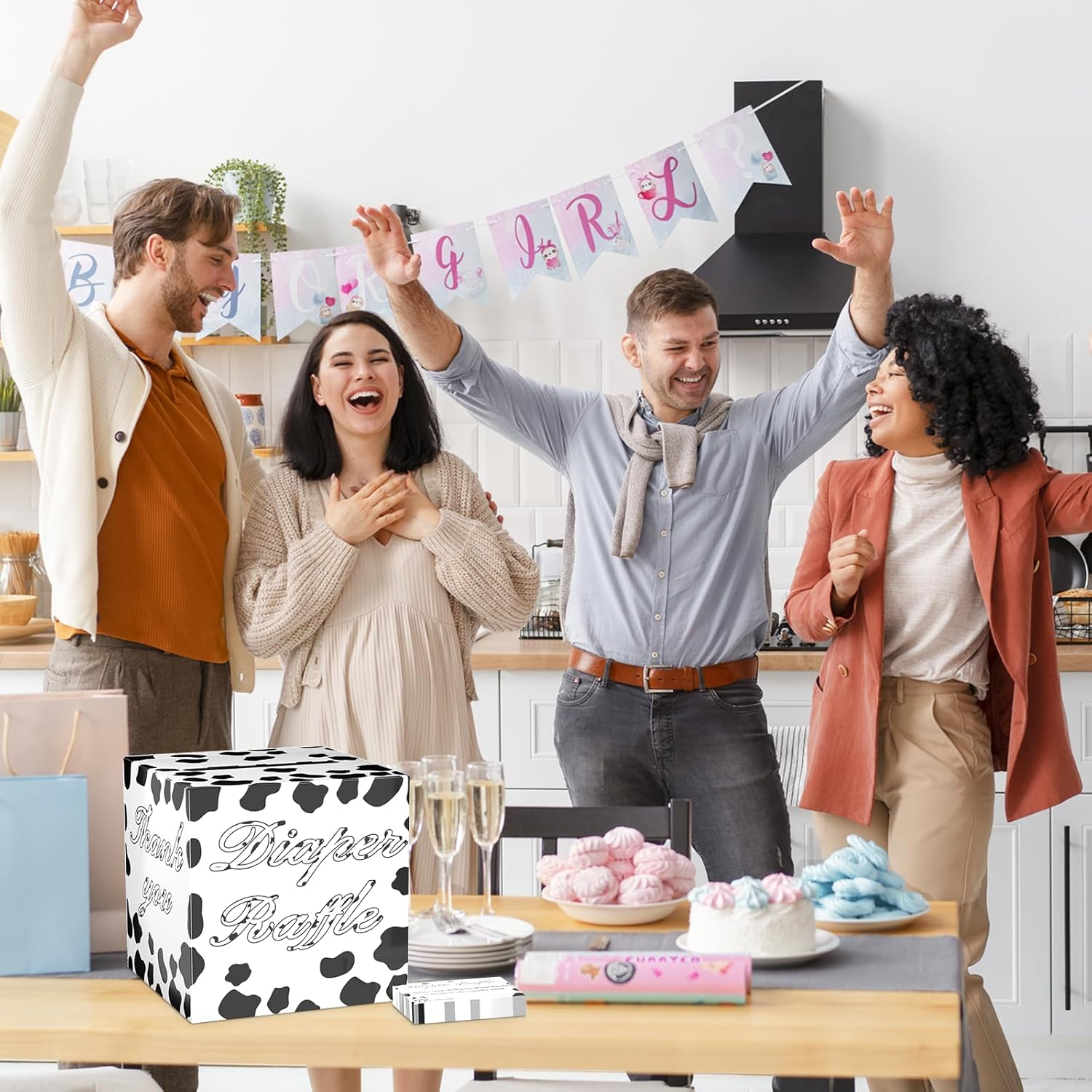 QISOLIY 50 Pieces Cow Baby Diaper Raffle Tickets with Box Baby Shower Game Invitations Cow Diaper Raffle Cards Diaper Raffle Box Set for Baby Shower Gender Reveal Farm Animal Party Supplies Card Box - Cow Print image number 6