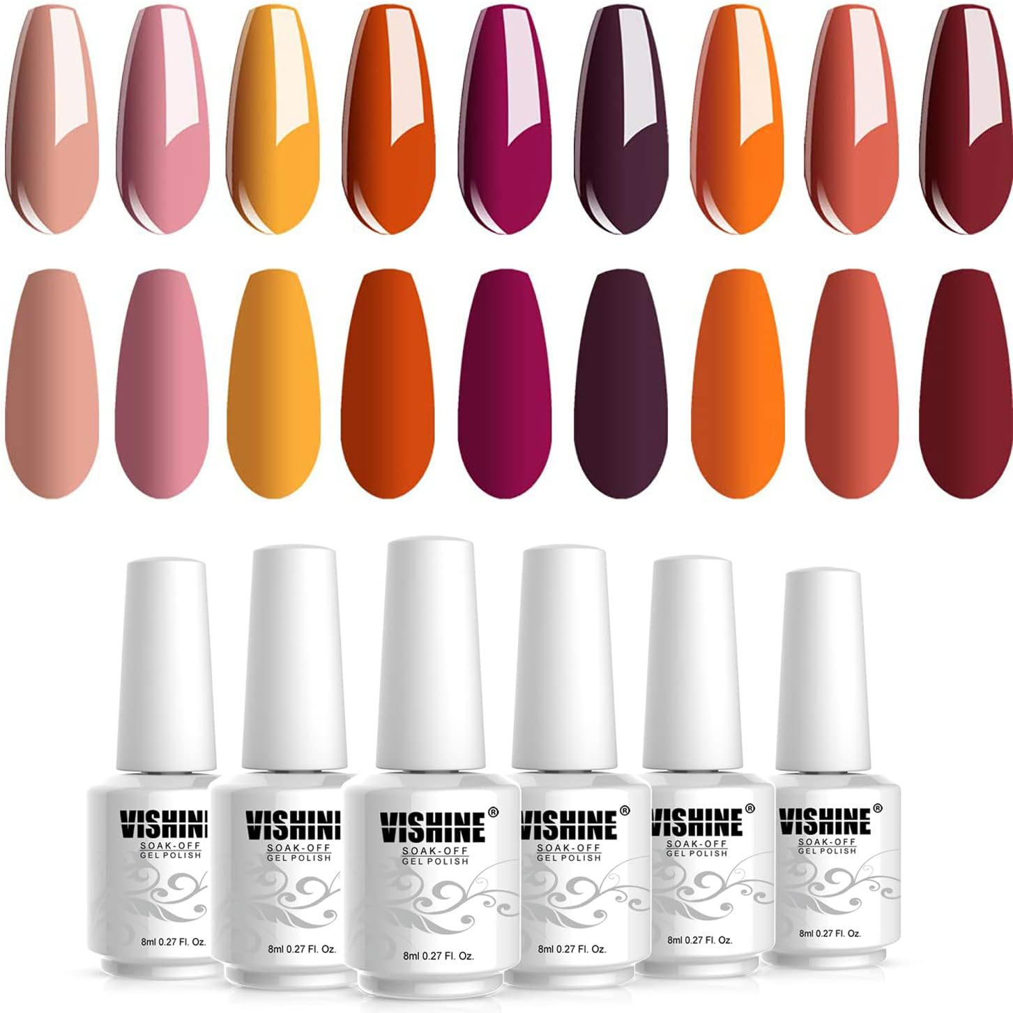 Vishine 12Pcs Gel Nail Polish Kit, Orange Yellow Red Purple Gel Nail Polish Set Colors Collection Soak off LED Nail Lamp Base Top Coat & Matte Top Coat Gel Nail Kit 8Ml