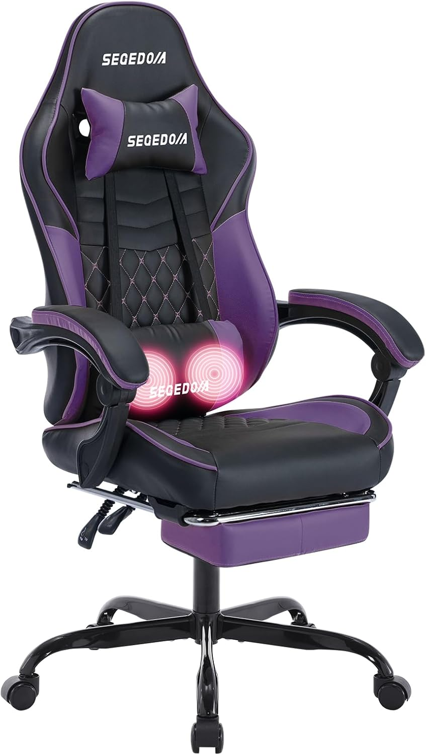 SEGEDOM Ergonomic Video Gamer Chairs Gaming Computer Chairs Gamer Chairs for Adults Massage Lumbar Support Swivel Height Adjustable Headrest Backrest(Blackpurple)
